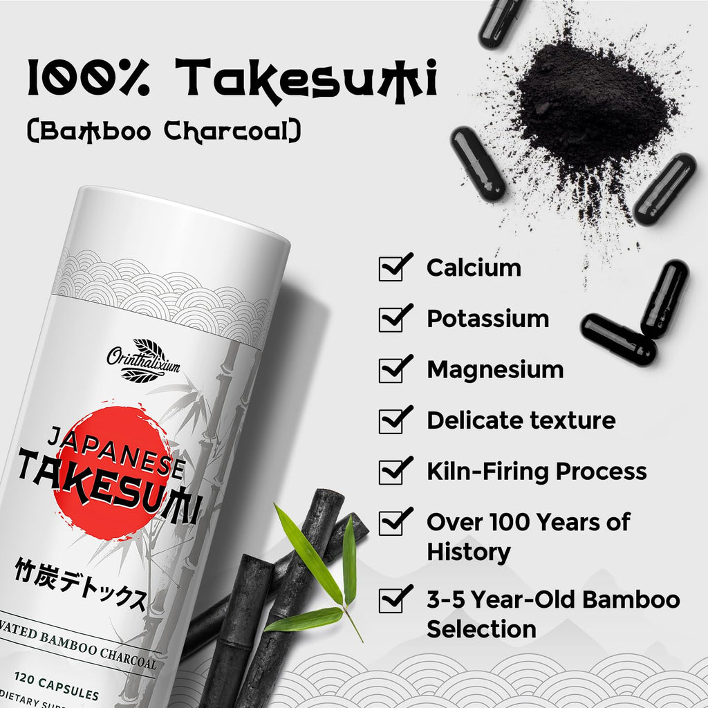 Orinthalixium Takesumi Activated Charcoal 2000mg – Activated Charcoal from Bamboo for Max Absorption, Detox & Gut, 120 Vegan Capsules