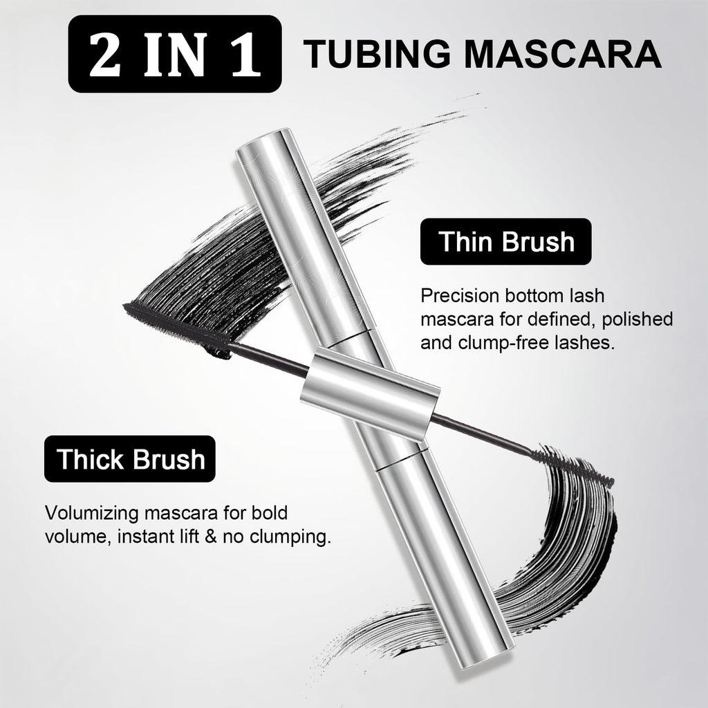 Tubing Mascara for Older Women 60 Plus, Double Ended Black Mascara, Lengthening Volumizing 2-in-1 Mascara for Short Multi-layered Lashes, Smudge Proof Easy Warm Water