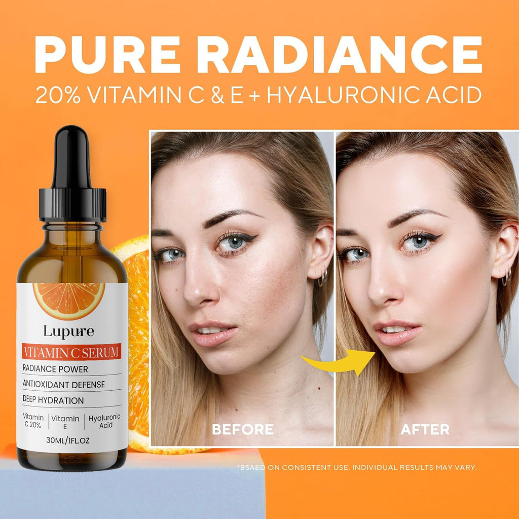 Lupure Professional Vitamin C Face Serum 20%, Anti Aging Facial Super Vit C Serum with Ascorbic Acid Hyaluronic Acid & Vitamin E for Dark Spots,