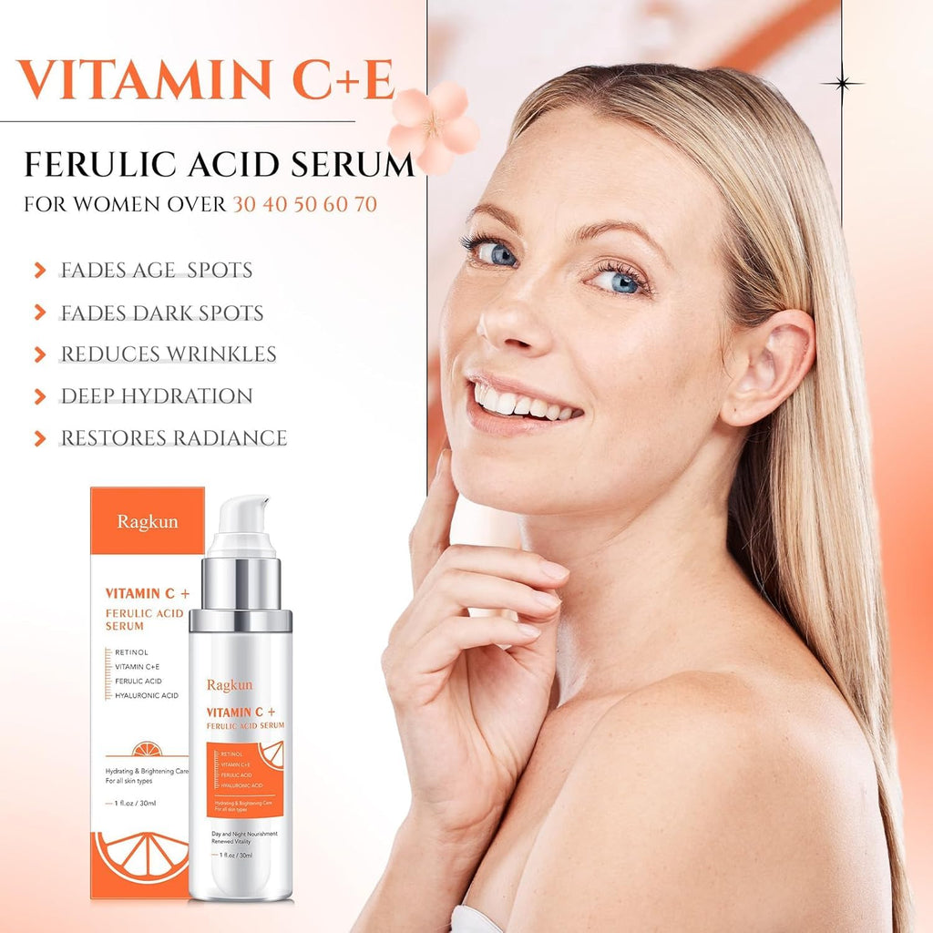 Ragkun 20% Vitamin C Serum, Retinol Serum for Face, Dark Spot Remover for Face, CE Ferulic Acid, Hyaluronic Acid, Hydrate & Plump Skin Care