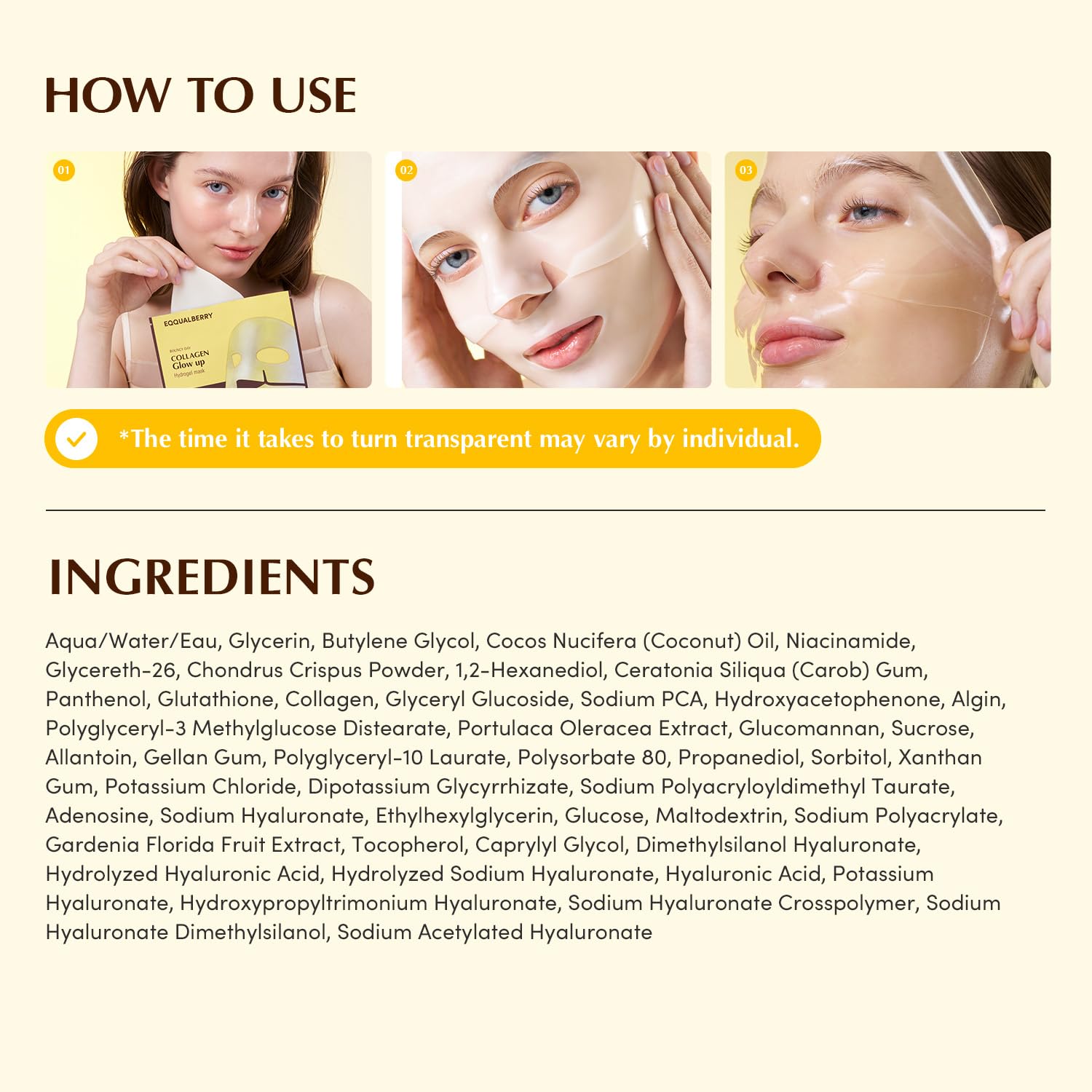 EQQUALBERRY Collagen Glow Up Mask - Niacinamide & Low Molecular Collagen for Brightening and Radiance Boosting | Korean Collagen Face Mask