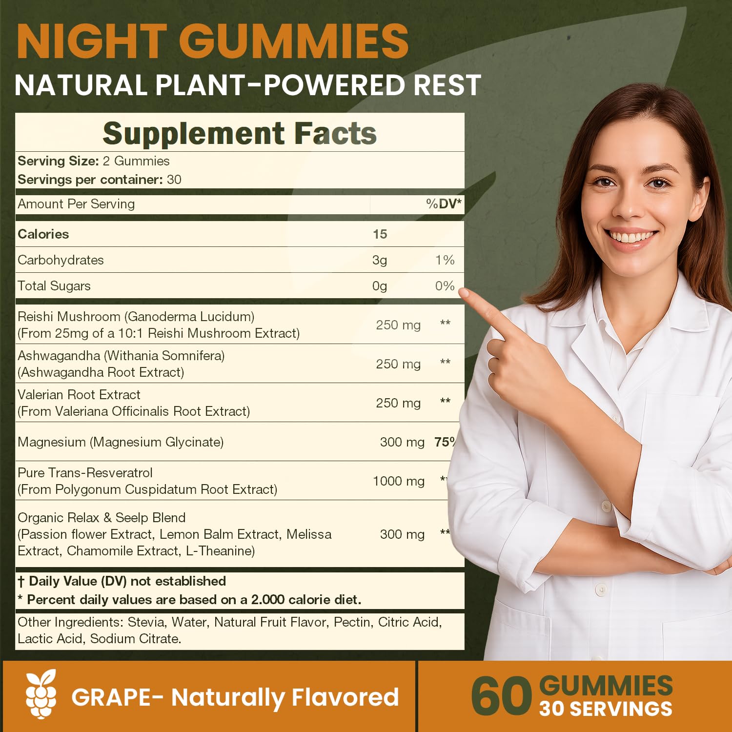 Night Gummies – Melatonin-Free, Reishi, Ashwagandha, Valerian, Magnesium, Resveratrol & Relaxing Botanicals – Supports Evening Calm