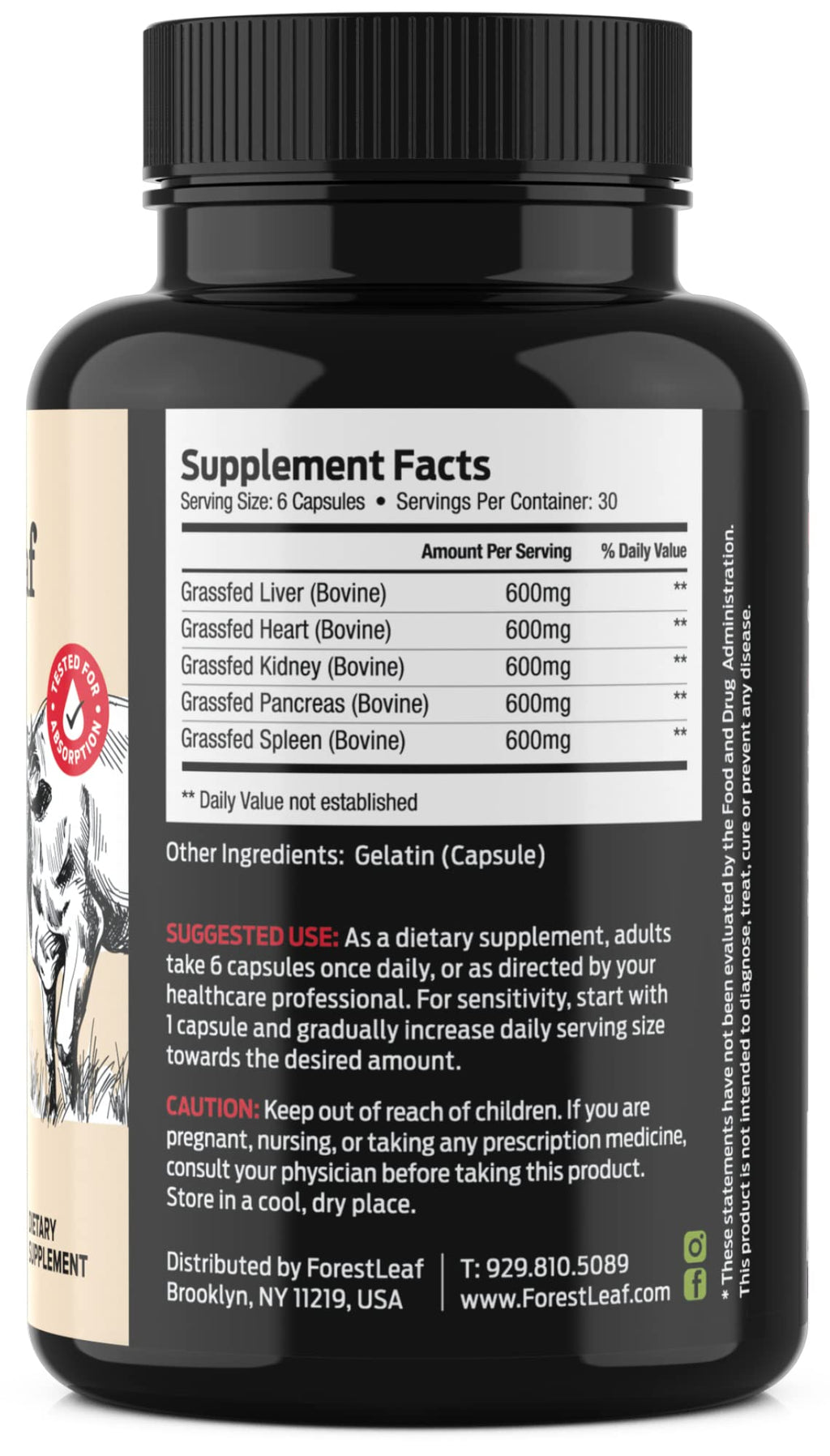 ForestLeaf Beef Organ Supplement - Grass Fed & Pasture Raised - Total Body Wellness & Performance, Organ Complex with 3000mg of Desiccated Beef Liver, Heart, Kidney, Pancreas, Spleen (180 Capsules) ForestLeafBuy Supplements Australia