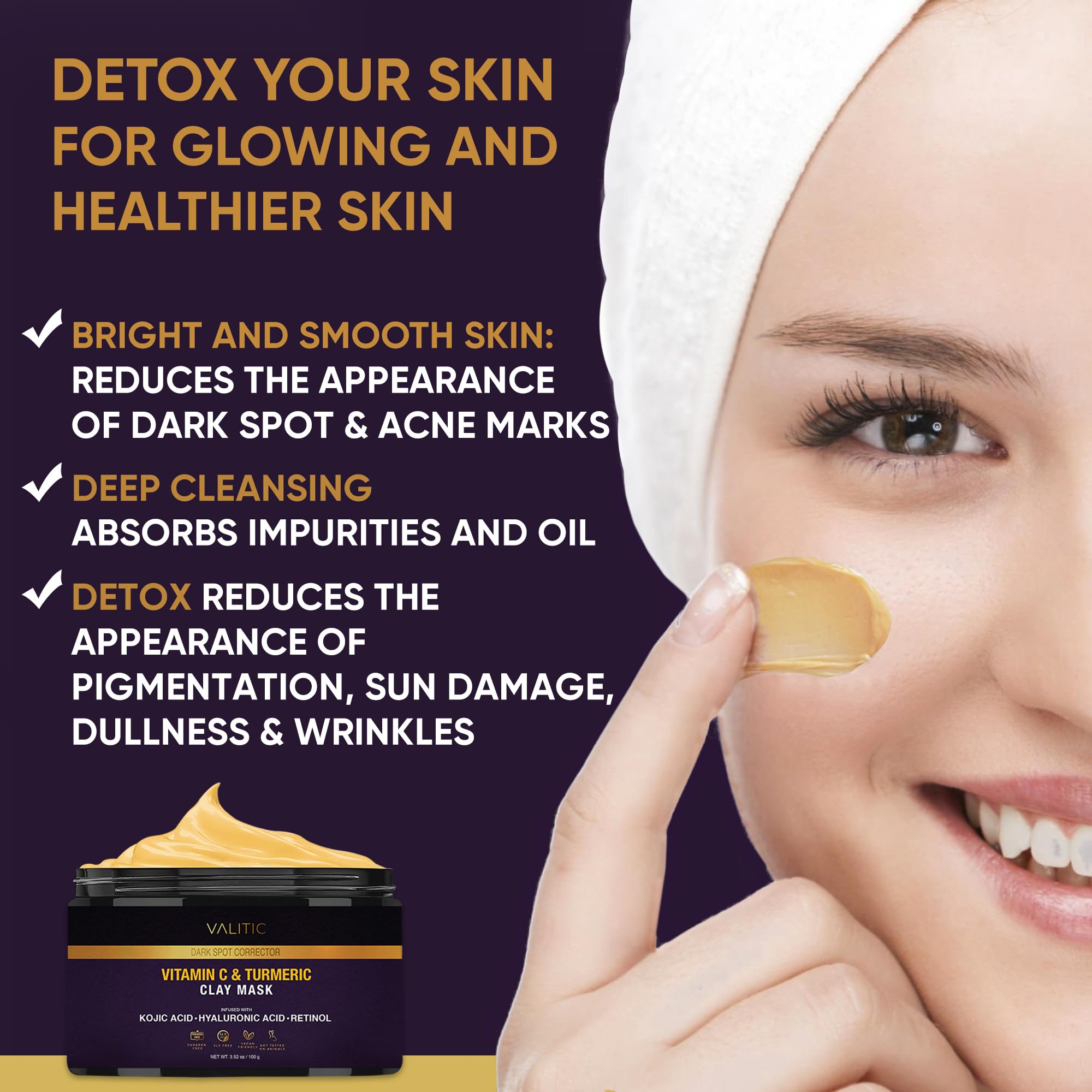 VALITIC Vitamin C & Turmeric Clay Mask - Dark Spot Corrector with Kojic Acid, Hyaluronic Acid & Retinol - Skin Care Routine for Minimizing Pores