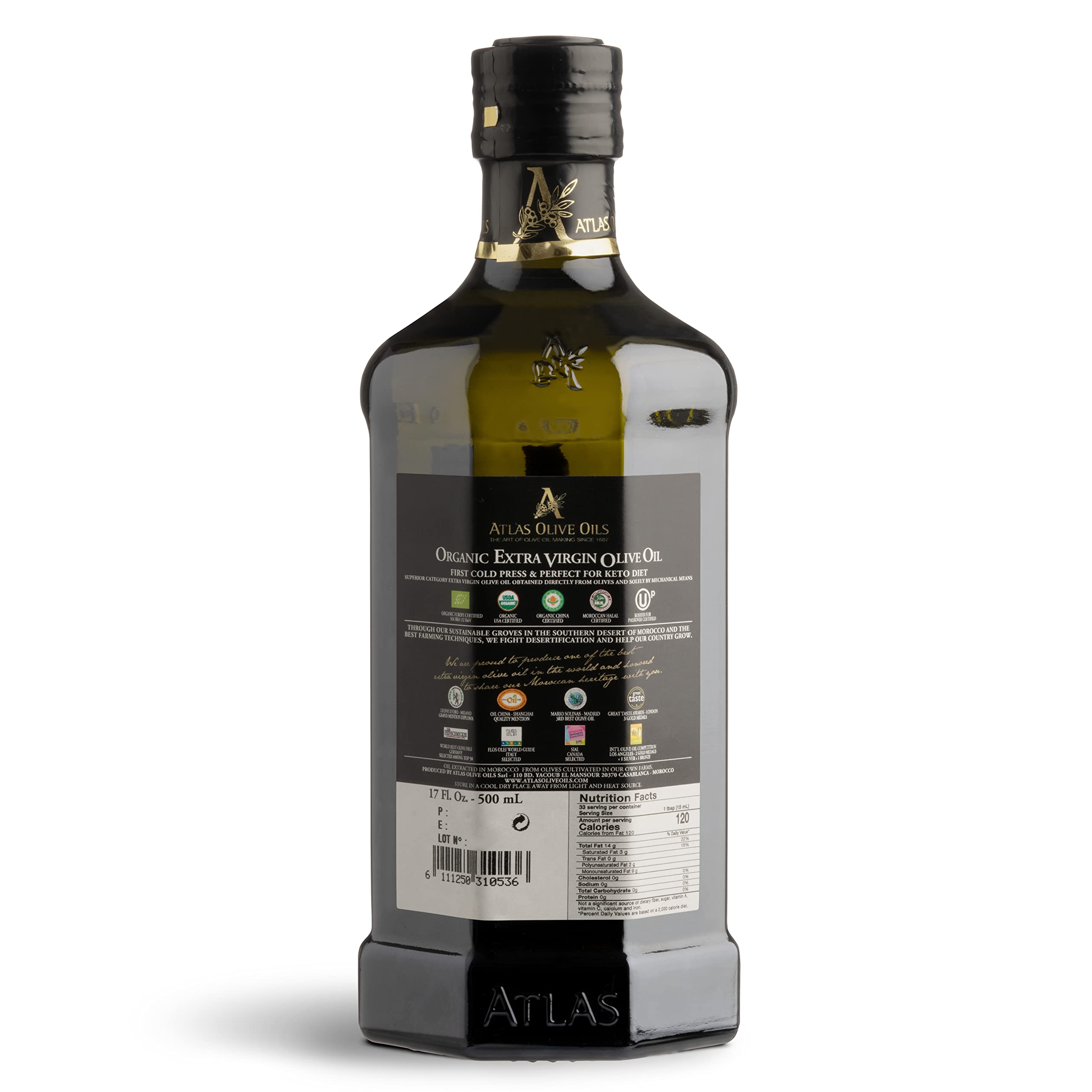 Atlas Organic Cold Pressed Moroccan Extra Virgin Olive Oil, Polyphenol Rich | EVOO From Morocco, Newly Harvested Unprocessed from One Single Family Farm