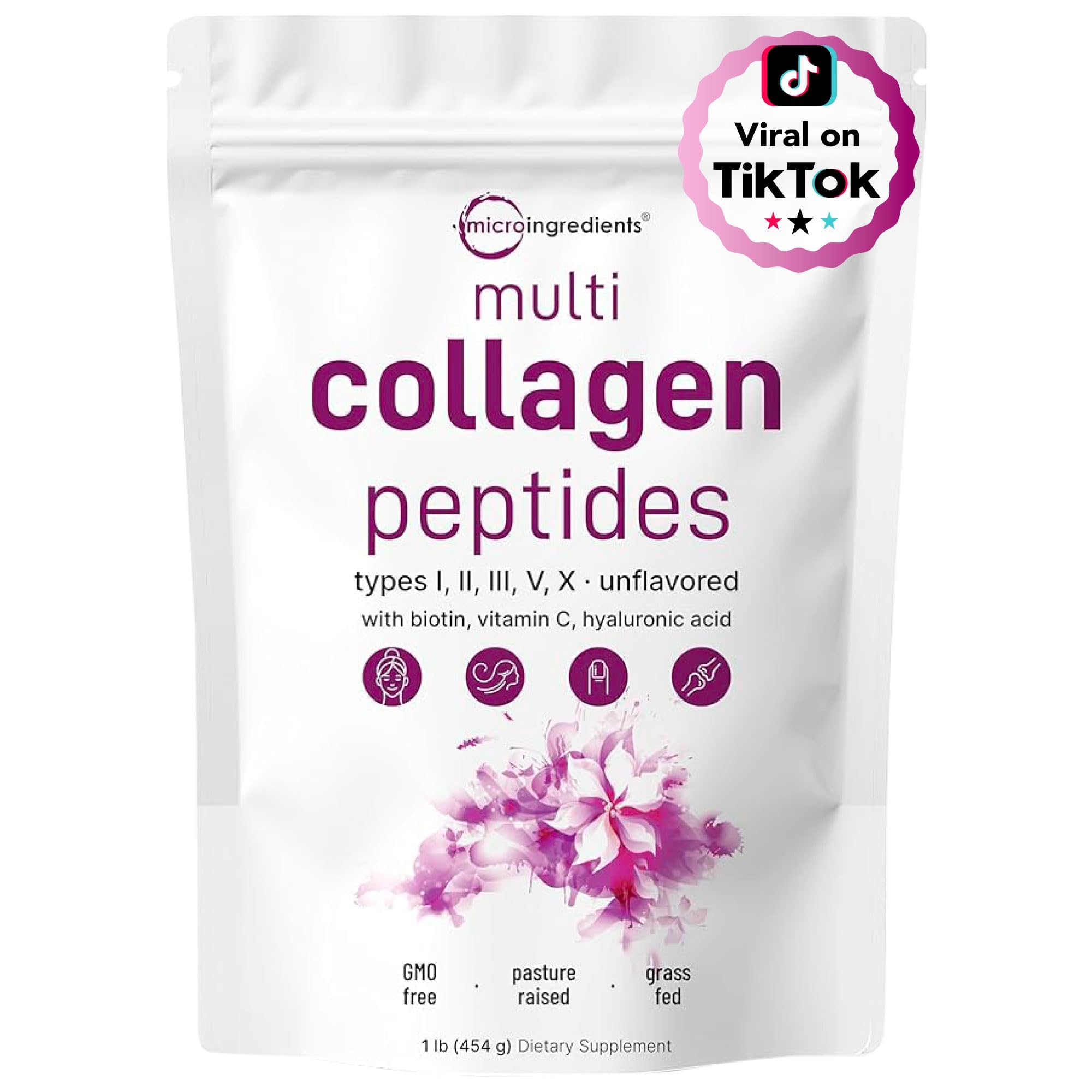 Micro Ingredients Multi Collagen Peptides Powder, 1lb – Hydrolyzed Type I,II,III,V,X with Biotin, Hyaluronic Acid, Vitamin C – Unflavored Collagen