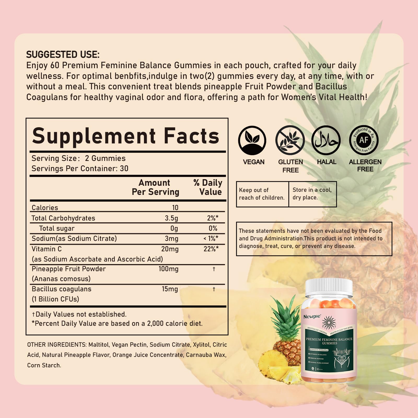 SUWENY Pineapple Gummies for Women ph Premium Feminine Balance Gummies for Women Health Immune Support Vegan, Gluten-Free & Halal-60 Gummies-30 Servings (1)