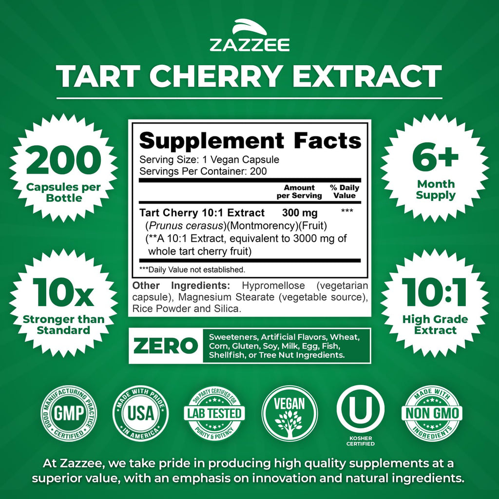 Zazzee Tart Cherry 10:1 Extract, 200 Vegan Capsules, 6+ Month Supply, Montmorency Cherry, Certified Kosher, Joint & Uric Acid Support, Antioxidant Support Formula,