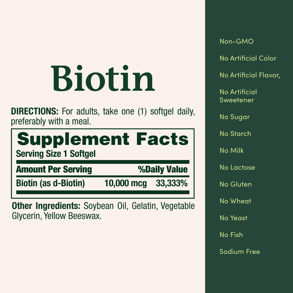 Nature's Bounty Biotin Hair Skin and Nails Vitamins, Supports Healthy Hair, Skin and Nails, 10,000 mcg, 120 Softgels (Pack of 1)