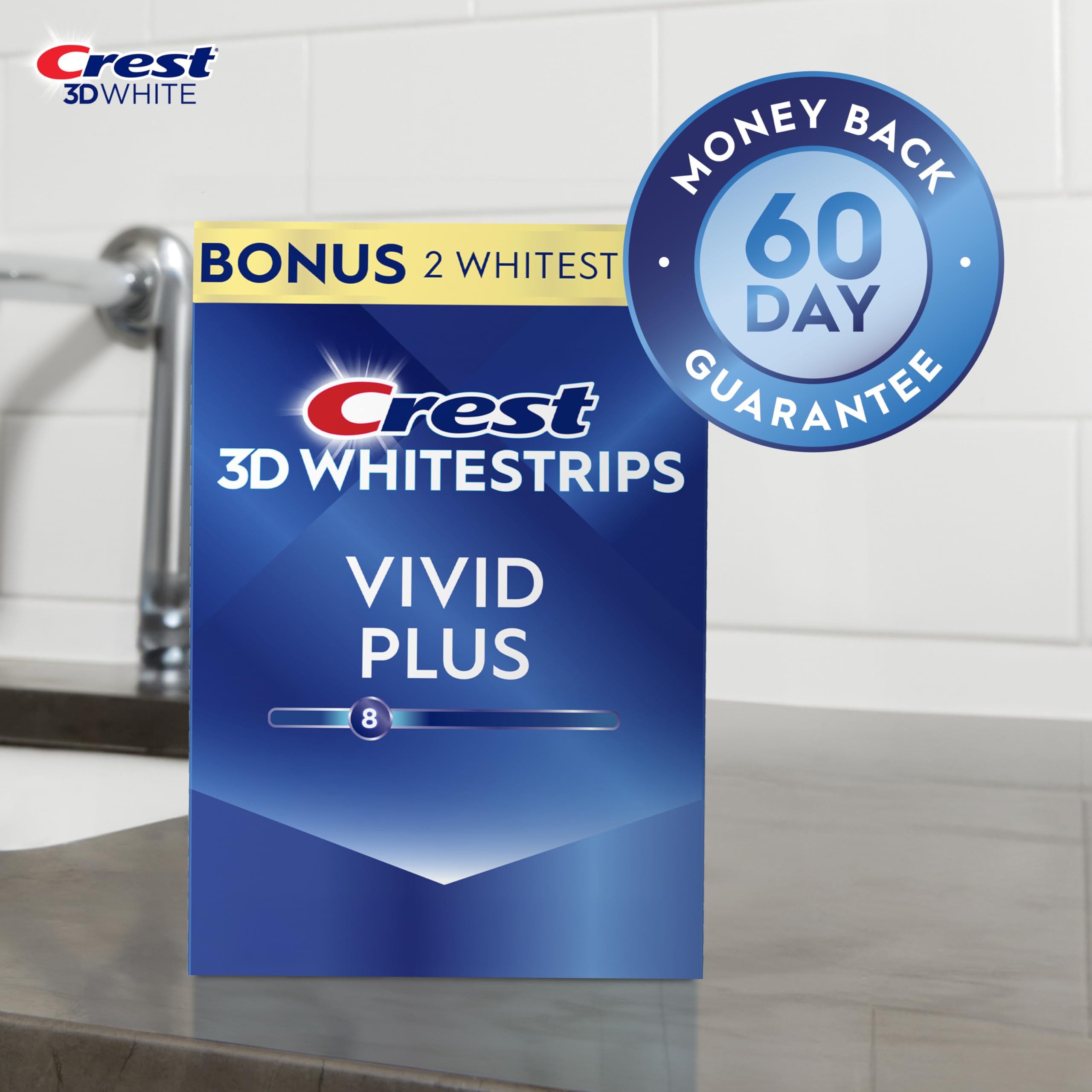 Crest 3D Whitestrips Vivid Plus, Teeth Whitening Strip Kit, 10 Treatments + 2 Bonus Treatments (Each with 1 Upper/1 Lower Strip), 24 Strips