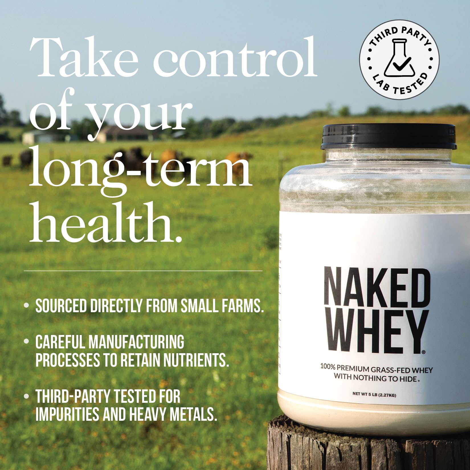 NAKED Whey 2LB 100% Grass Fed Whey Protein Powder - Only 1 Ingredient, Unflavored Whey Protein, NSF Certified, Undenatured, Gluten Free,