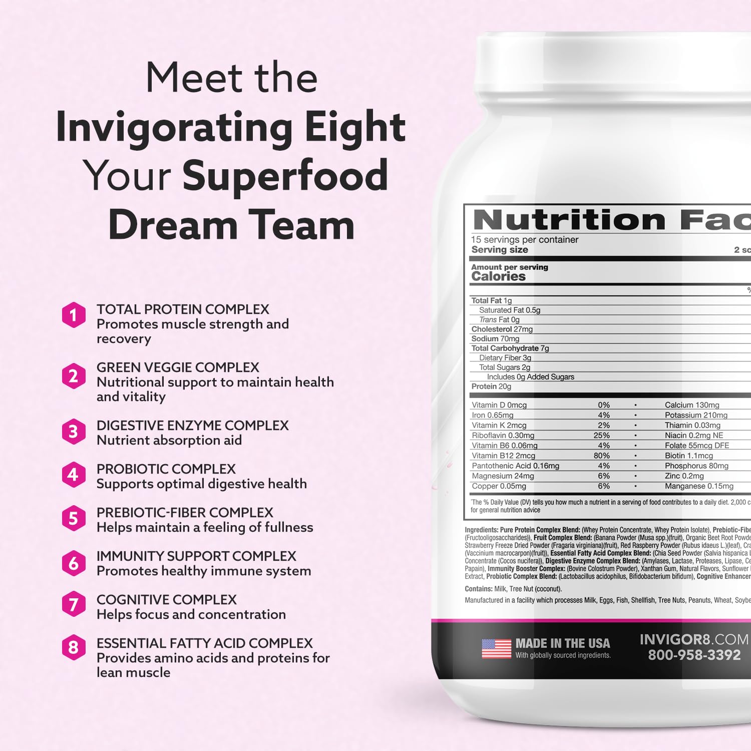 INVIGOR8 Superfood Grass Fed Whey Protein Isolate Shake Natural Strawberry Gluten-Free and Non GMO Meal Replacement with Probiotics and Omega 3 (645g)