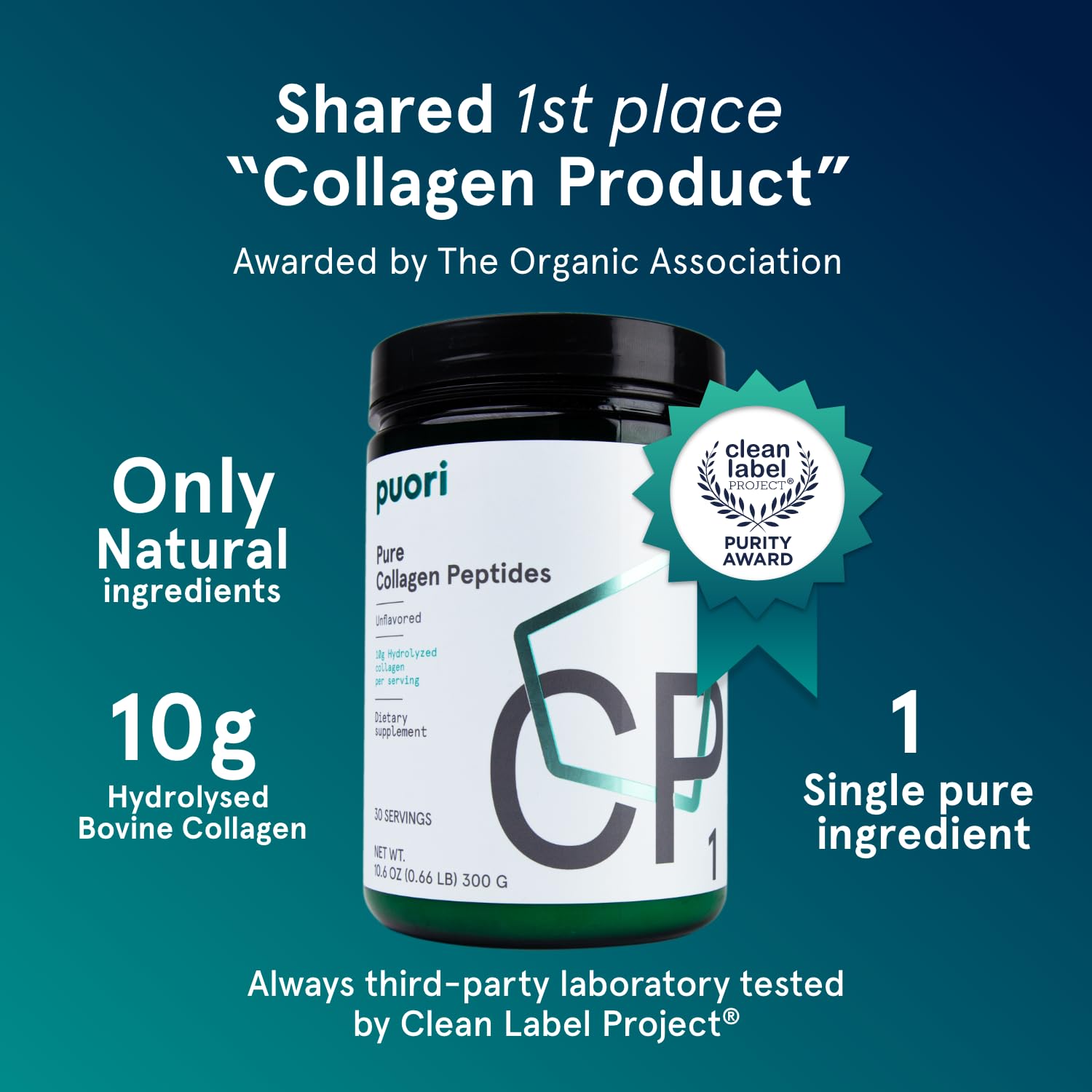 Puori Pure Collagen Peptides Powder, Unflavored - 10g of Grass-Fed Hydrolyzed Bovine Collagen Supports Skin Health, Hair & Nail Strength,