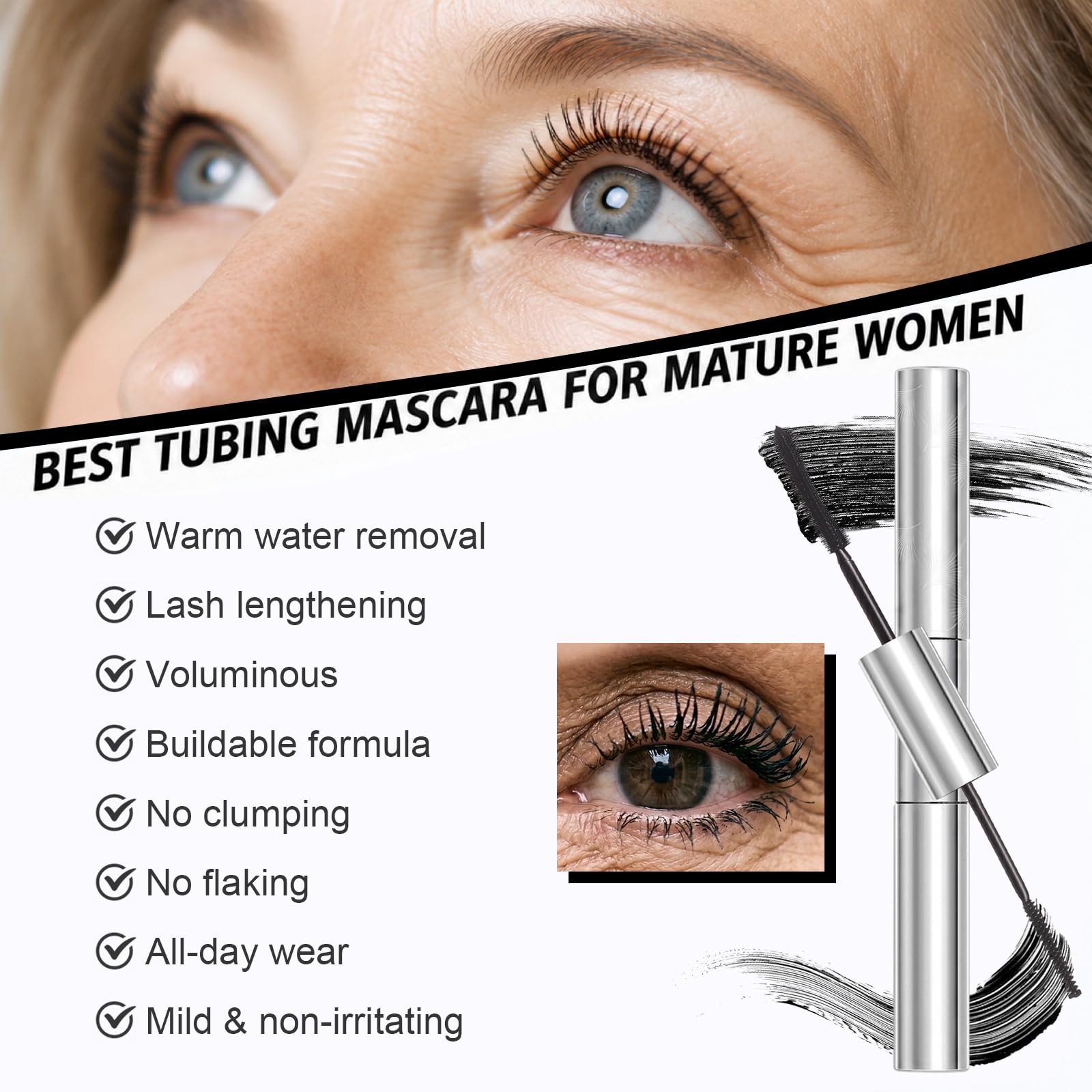 Tubing Mascara for Older Women 60 Plus, Double Ended Black Mascara, Lengthening Volumizing 2-in-1 Mascara for Short Multi-layered Lashes, Smudge Proof Easy Warm Water