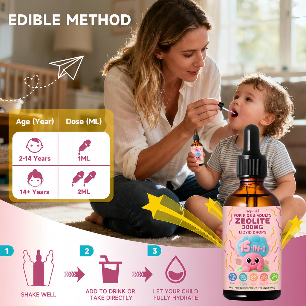 Zeolite Drops 2 Pack Detox for Kids & Adults - 300mg Clinoptilolite, 1000mcg Vitamin B12 C D3, 10 Billion CFU Prebiotics, Seaweed Calcium - Pure Body Cleanse