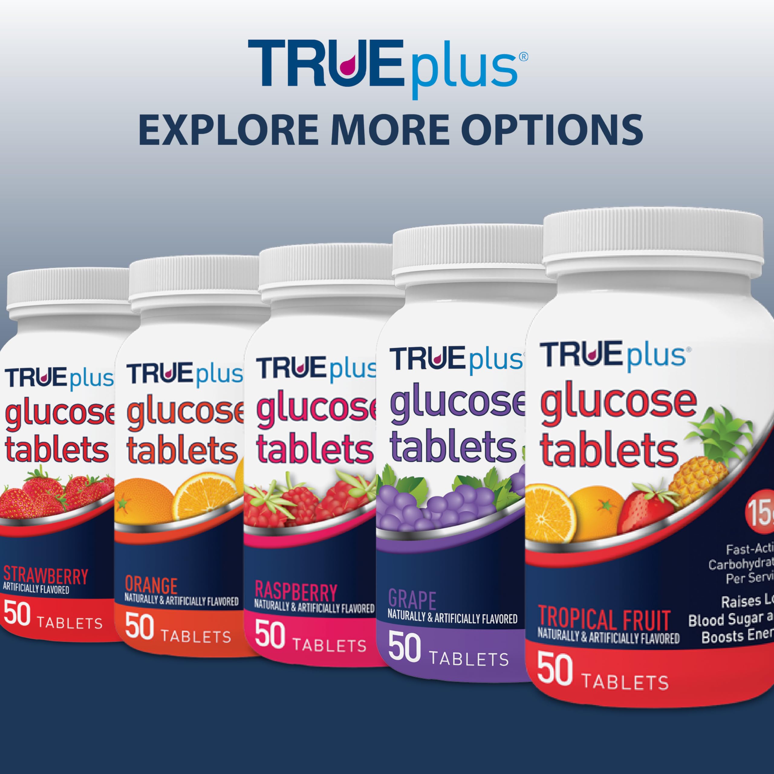 TRUEplus Glucose Tablets, Chewable, Tropical Fruit Flavor, 15g Fast-Acting Carbohydrates, Fat Free, Gluten Free, Boost Energy, 50 Count, 3 Bottles