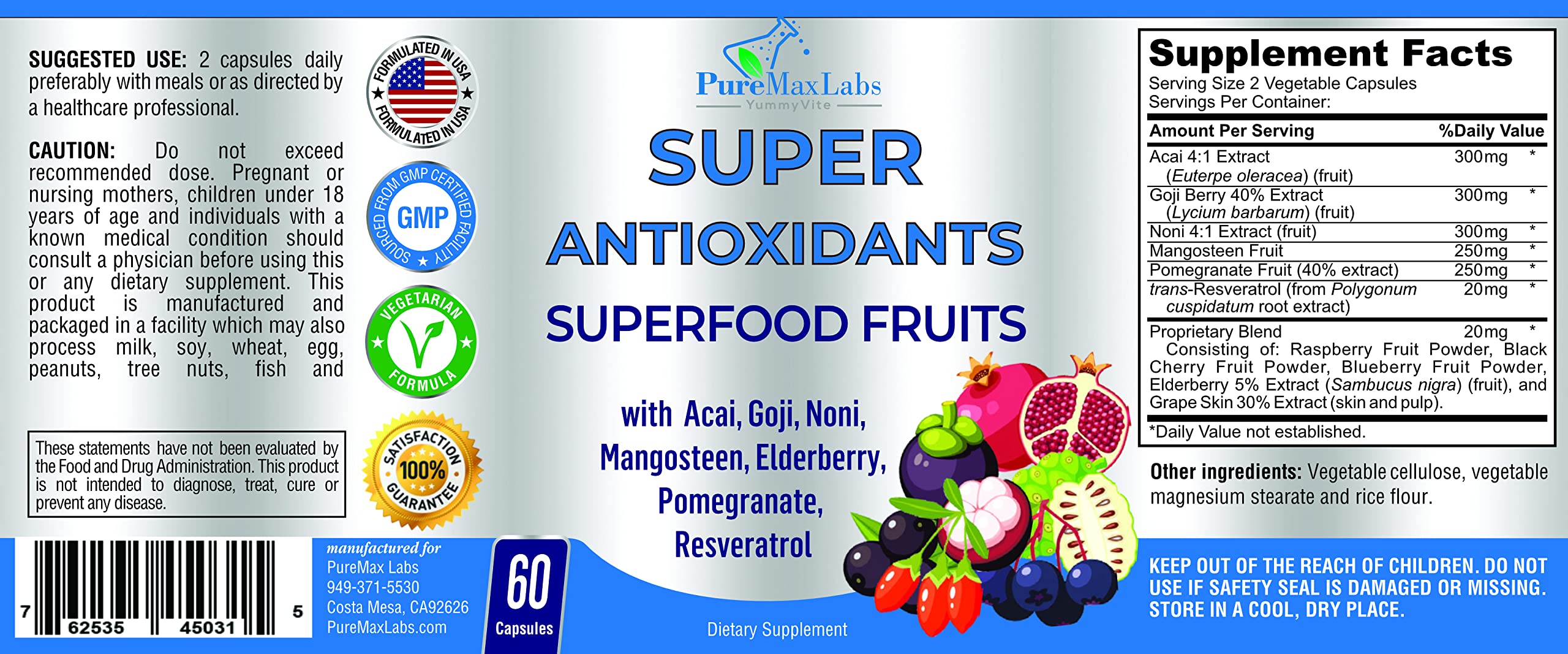 Super Antioxidant Fruit Superfood Complex - Powerful Antioxidant Superfruits, Acai, Goji, Noni, Mangosteen, Pomegranate, Elderberry, Resveratrol,