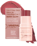 Mineral Fusion 3-in-1 Color Stick - Hydrating Tinted Cream Blush for Cheeks, Lip and Eye - Natural Multi Use Makeup (Berry Glow)