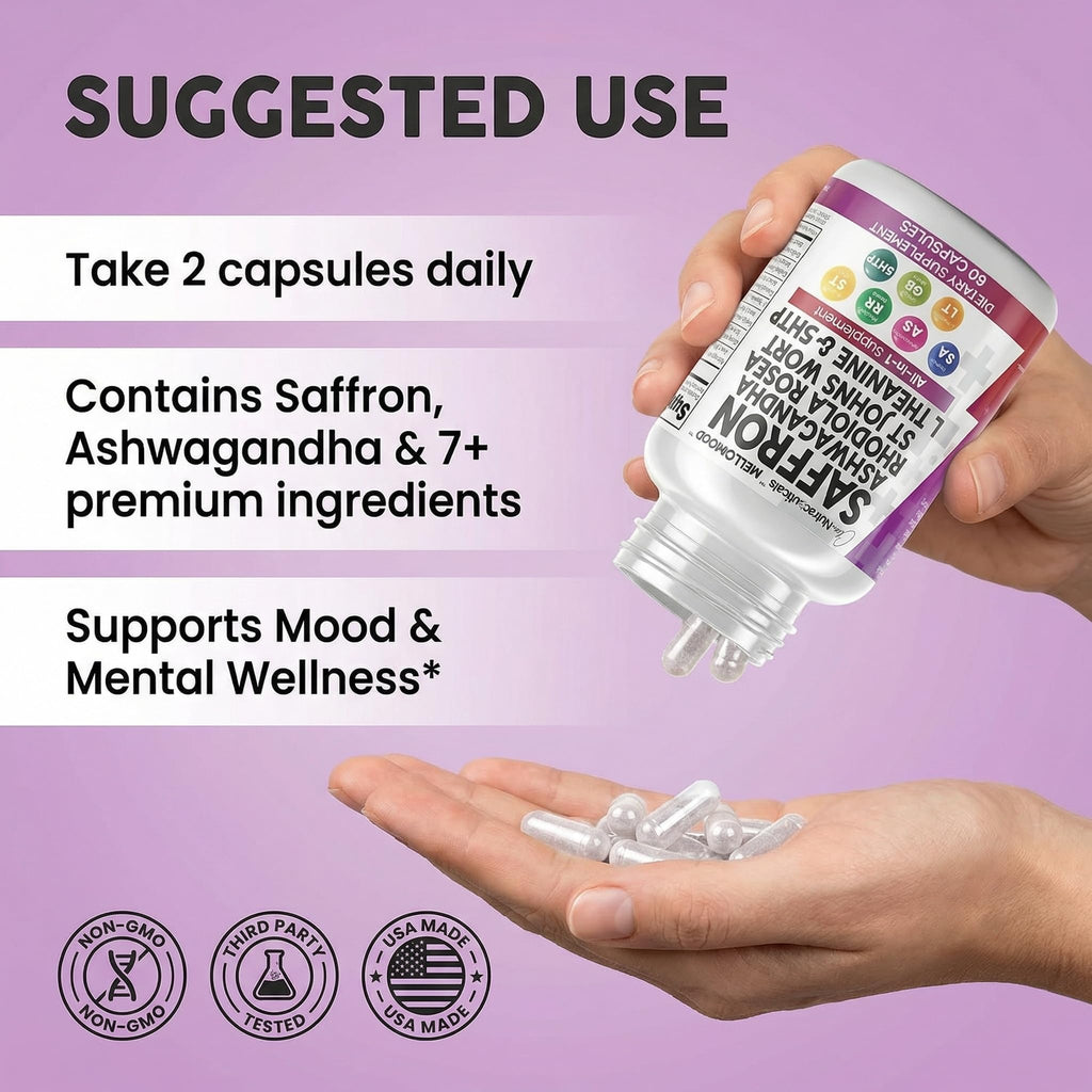 Clean Nutraceuticals Saffron Supplements Extract 100mg + Ashwagandha L-Theanine 200mg - Mood Support Ginkgo Biloba, St. John's Wort, Rhodiola Rosea & 5-HTP Capsules Pills Men Women