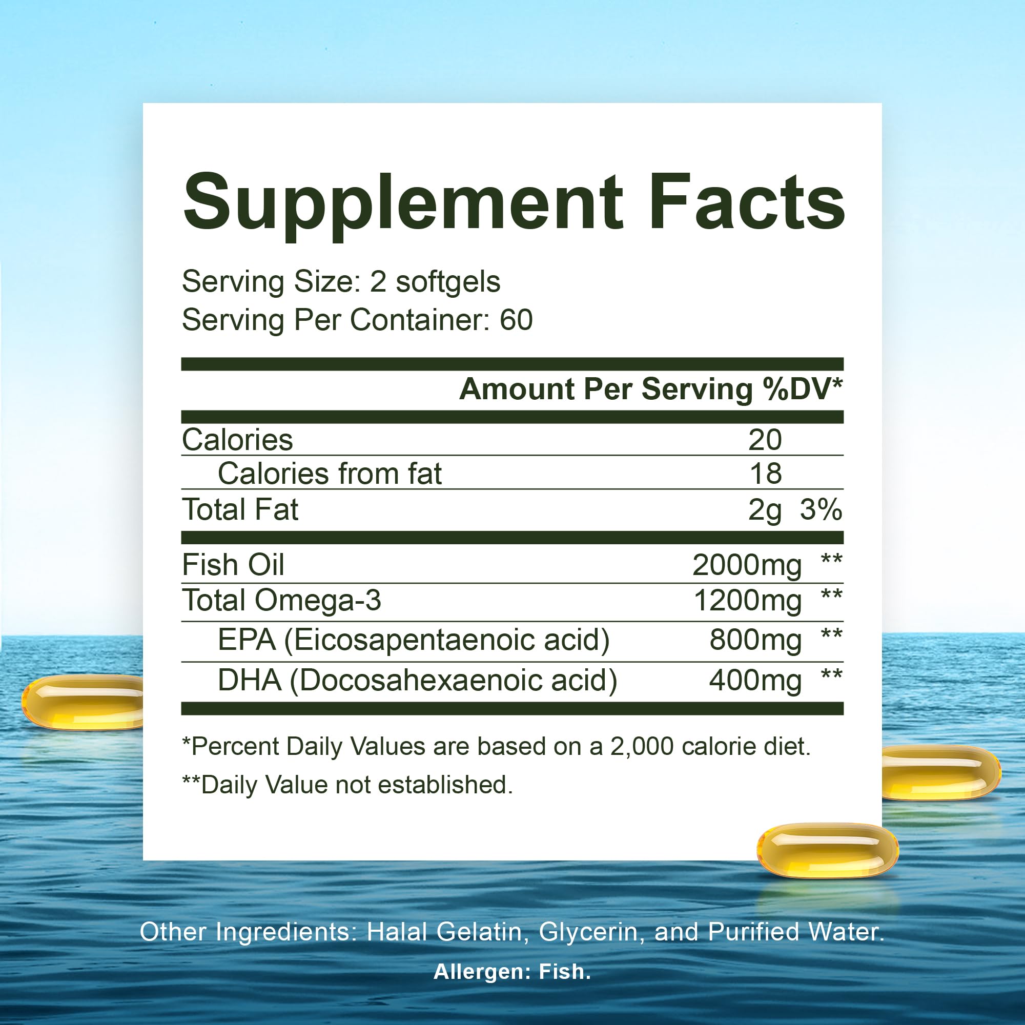 Noor Vitamins Halal Fish Oil, Halal Vitamins, Ultra Omega 3 Wild Peruvian Fish (800 mg EPA & 400 mg DHA) Heart