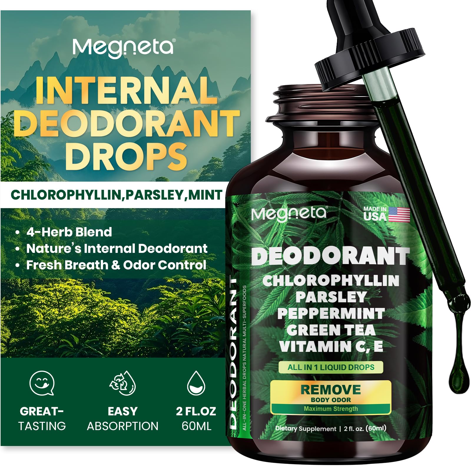 Chlorophyll Liquid Drops – Body Deodorizing Supplement for Women & Men – Detox, Energy & Skin Health Support– Vegan, Non-GMO, 2 Fl Oz