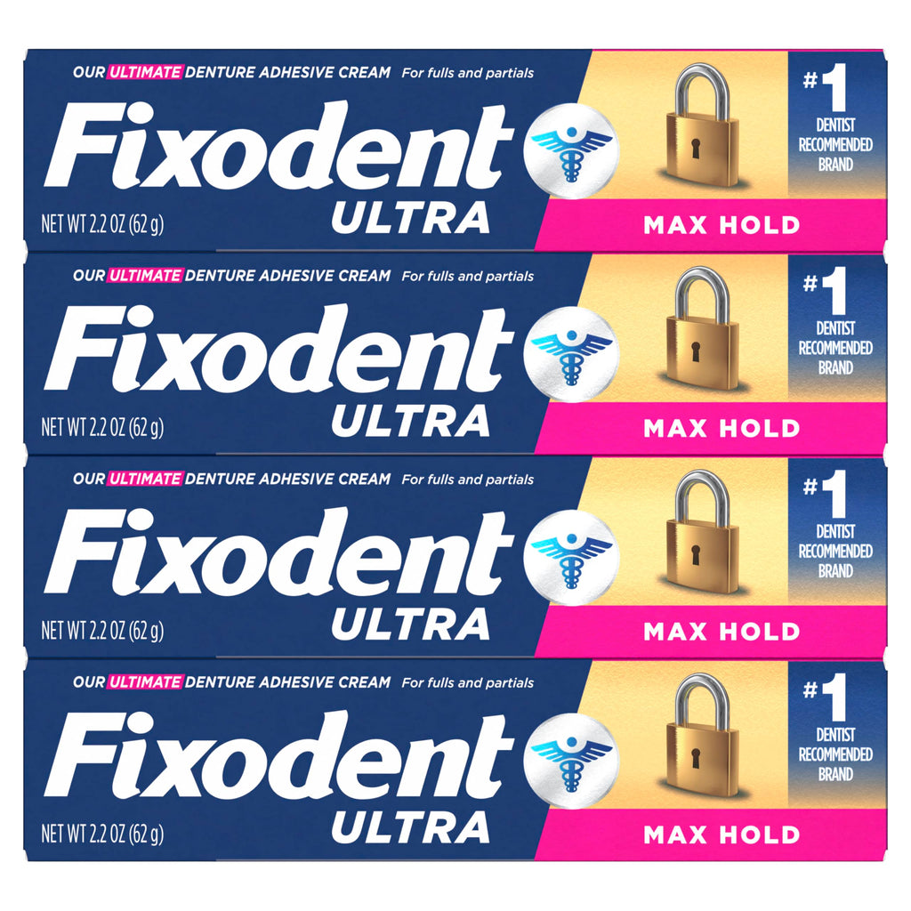 Fixodent Ultra Max Hold Denture Adhesive Cream, 2.2 oz (4-Pack) – Strong False Teeth Glue and Secure Dental Adhesive for Full