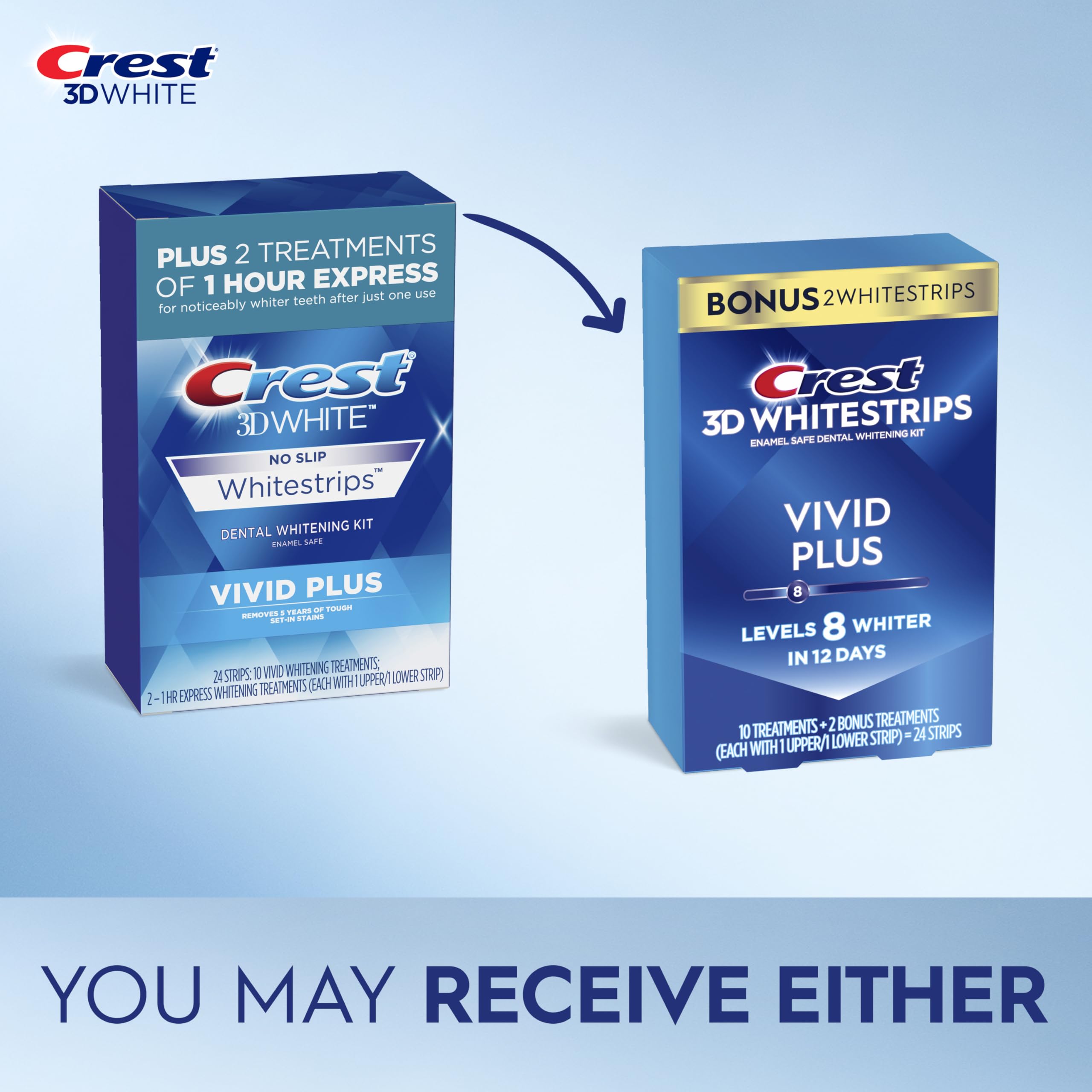 Crest 3D Whitestrips Vivid Plus, Teeth Whitening Strip Kit, 10 Treatments + 2 Bonus Treatments (Each with 1 Upper/1 Lower Strip), 24 Strips