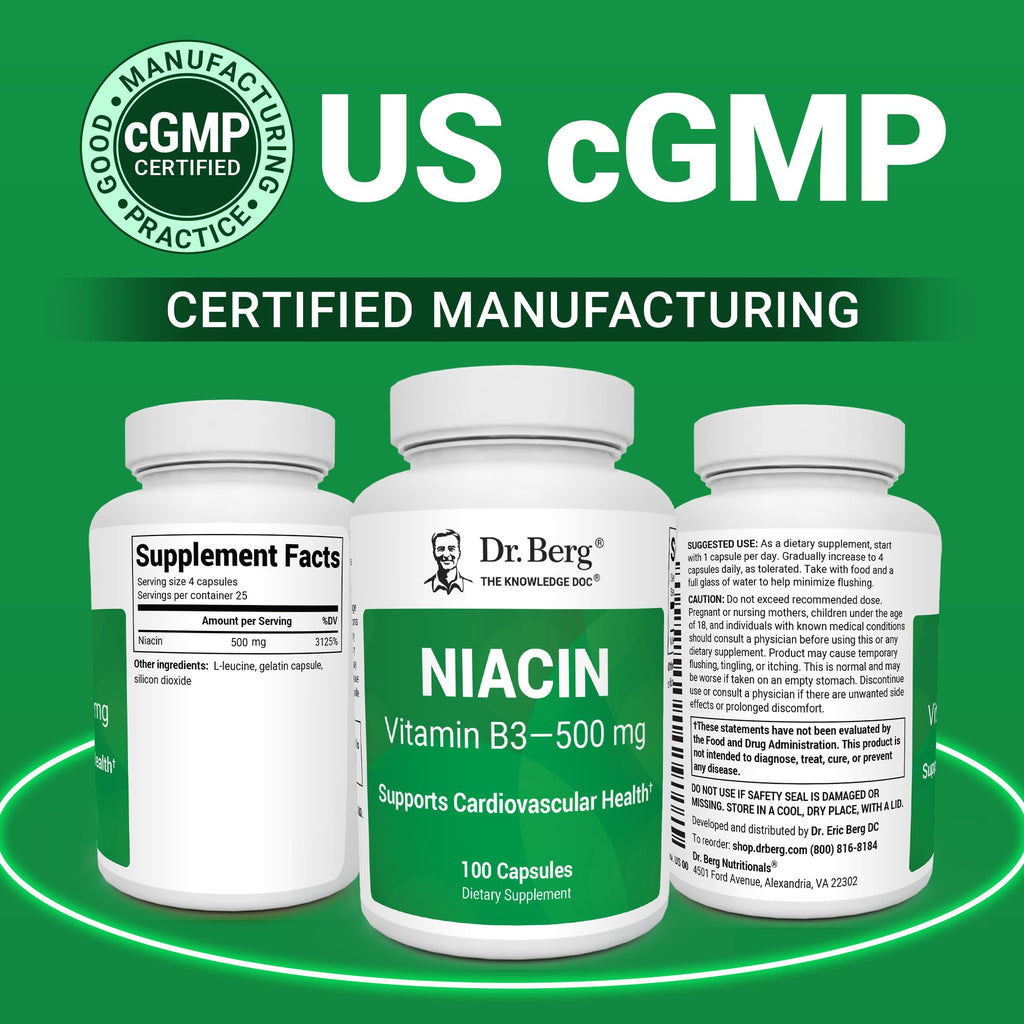 Dr. Berg Highly-Potent Niacin 500 mg – Now Only 125 mg per Capsule for Niacin Flush Tolerance Building – Gradually Increase to 500mg a Day – Vitamin B3 for Heart
