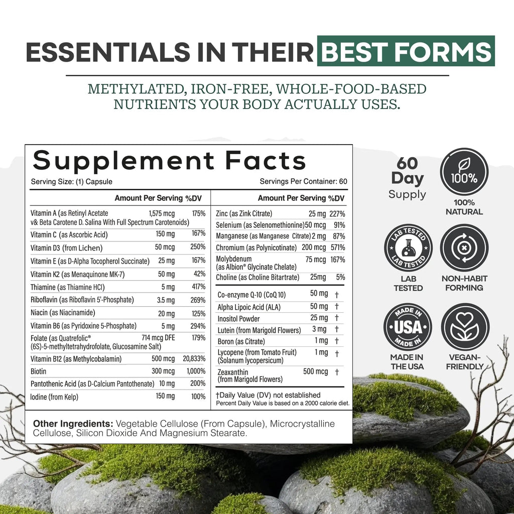 Wild Methylated Multivitamin for Women & Men | Daily Multi Vitamin | MTHFR Supplement Without Iron | Methylated B12, Folate, Vitamin C, A, K2, D, E Wild Foods