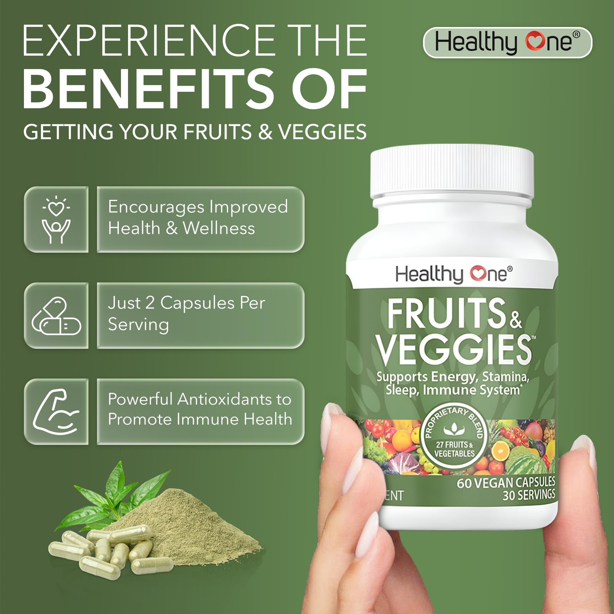 Fruits & Veggies Formula - 27 Premium Whole Foods - Organic Ingredients - Equals 3 Servings of Fruits & Vegetables - Improve Energy, Focus & Immune Function - Fiber - Antioxidants - 120ct (60 Serv) Healthy OneBuy Supplements Australia