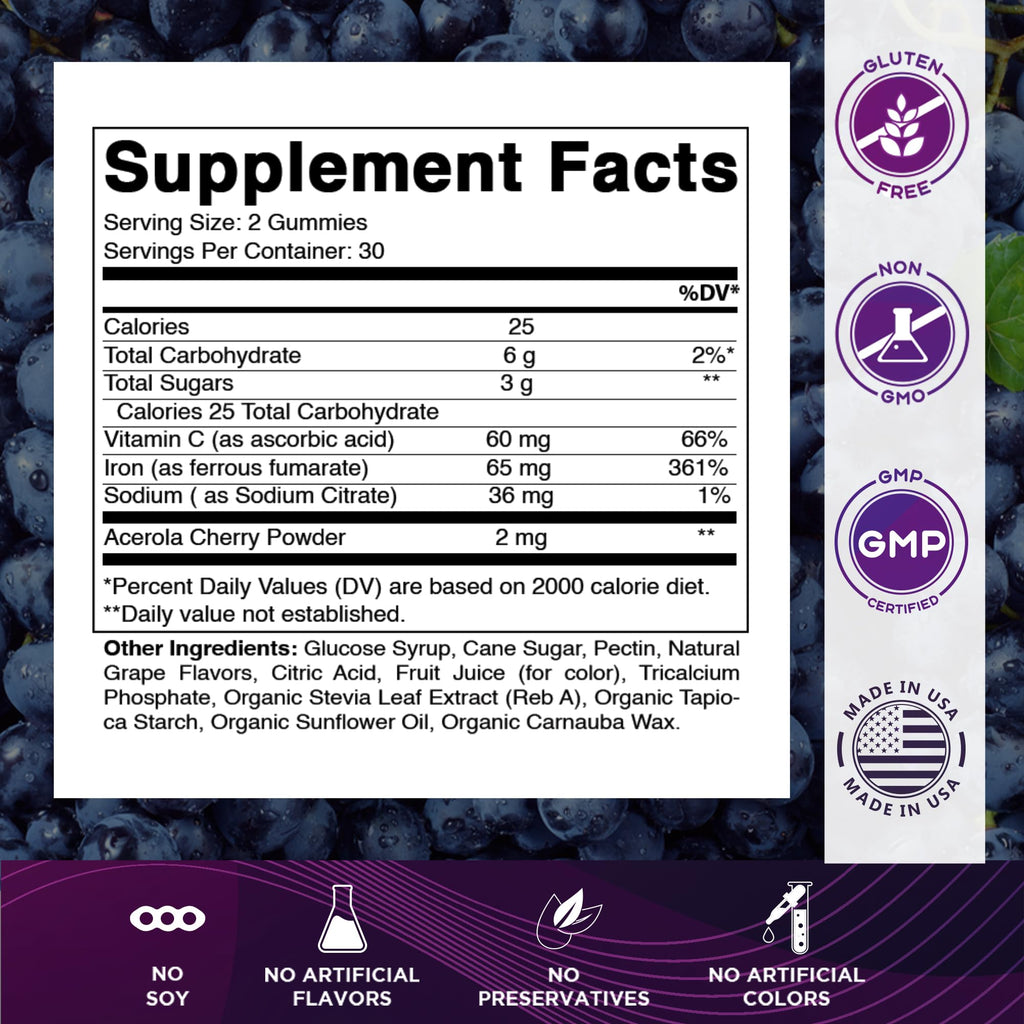 Vitamatic Iron 65 mg Gummies Supplement for Women & Men - 60 Vegan Gummies - Great Tasting Iron Gummy Vitamins with Vitamin C (1)