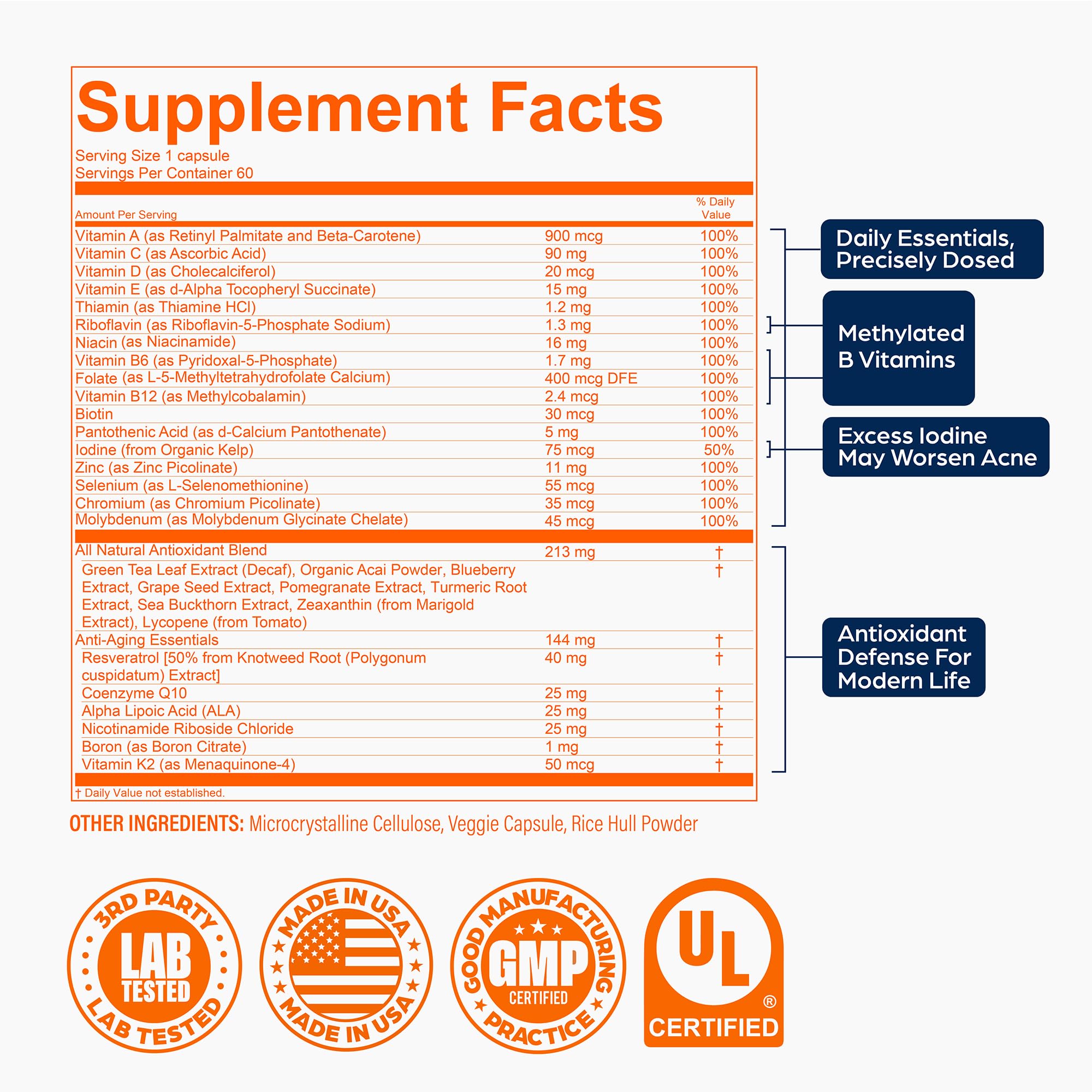 PS Longevity Supplements - Methylated Multivitamin for Men and Women with B Vitamins, Nicotinamide Riboside, CoQ10, Resveratrol, ALA - Antioxidant Defense