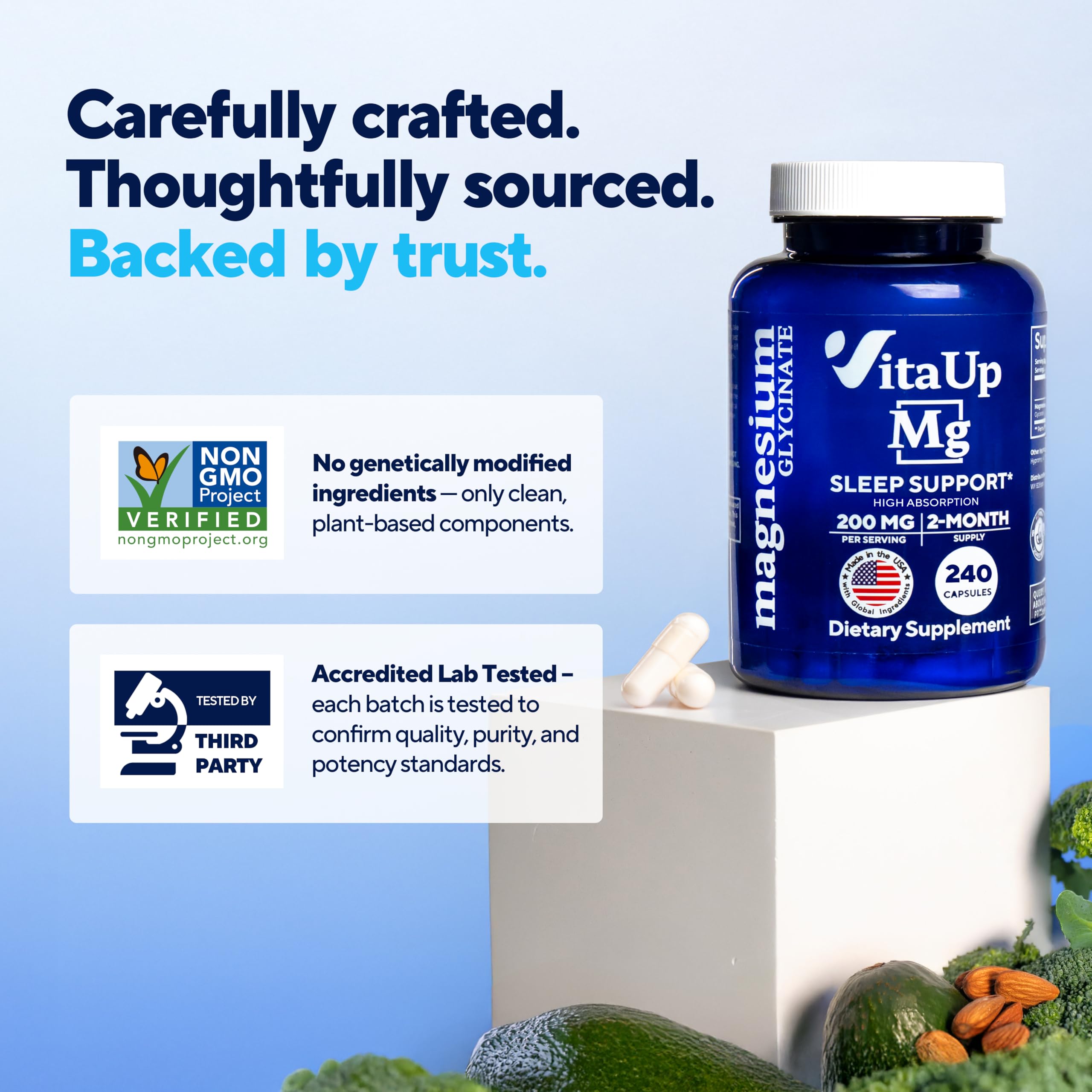 VitaUp Magnesium Glycinate 200mg - USA Made, Highly Absorbed, Non-GMO Magnesium for Relaxation, Deep Sleep, Bones & Heart - 200mg per Serving, 120 Vegan Capsules VitaUpBuy Supplements Australia