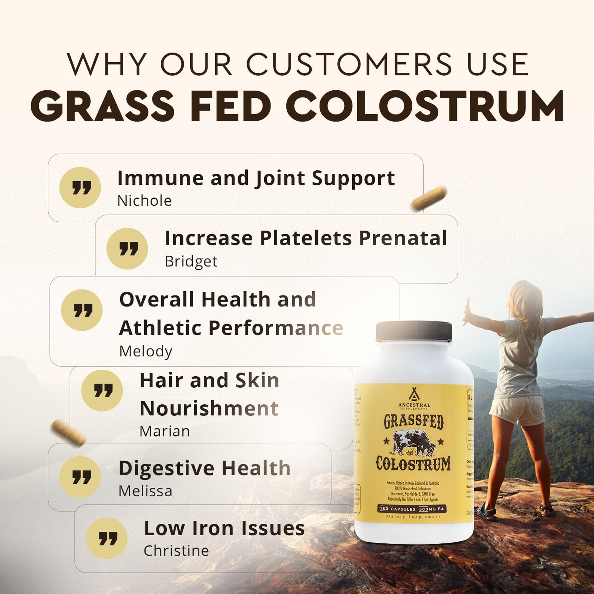 Ancestral Supplements Grass Fed Beef Colostrum Supplement, 3000 mg, Offers Immune Support and Promotes Gut Health, Athletic Performance, Healthy Iron Levels