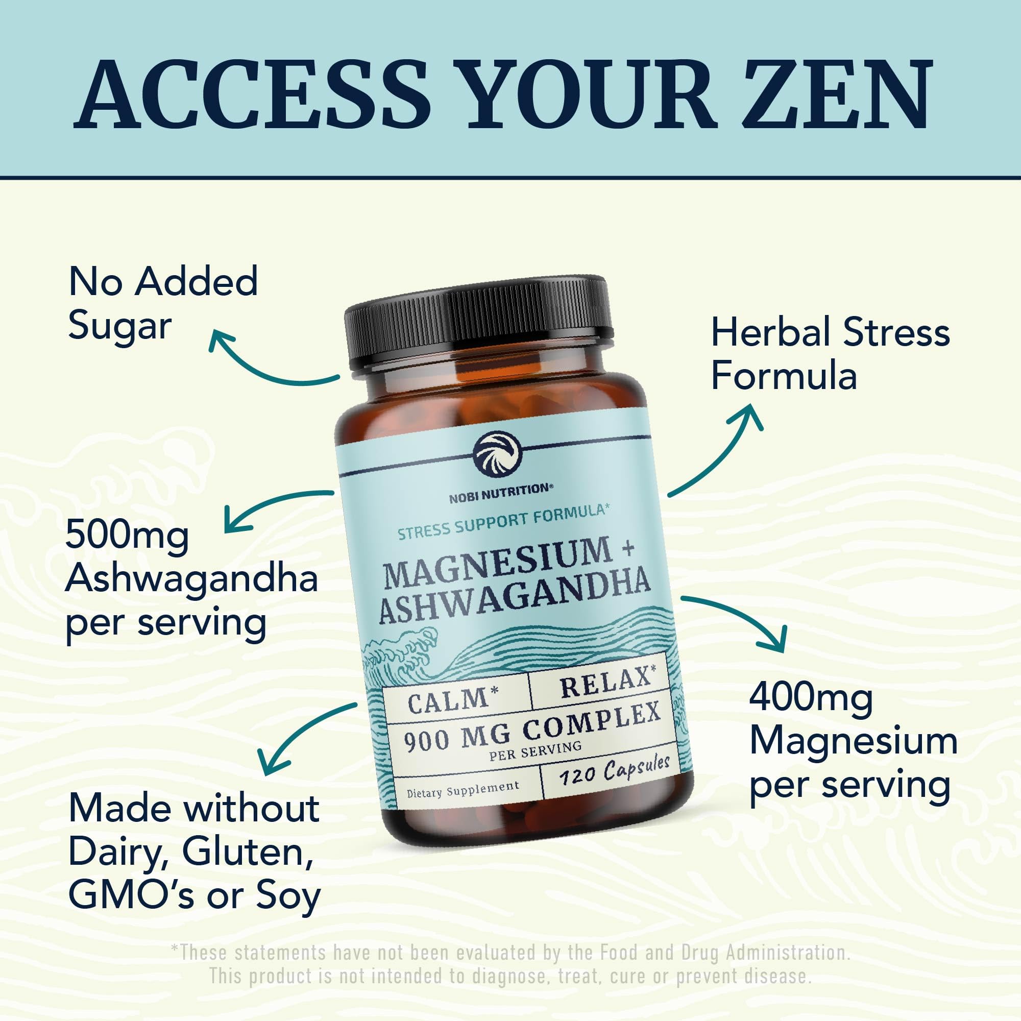 Magnesium Ashwagandha | Calming Magnesium Supplement for Adults | Relax, Rest, Calm Mood & Sleep Support | Mag Citrate & Oxide 400 mg + Ashwagandha 500 mg | Muscle Health & Stress Relief | 120 Ct Nobi NutritionBuy Supplements Australia