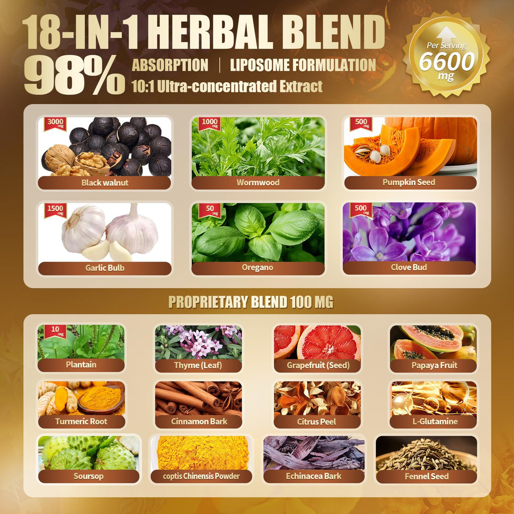 18-in-1 Black Walnut Wormwood Cleanse for Humans, 80 Day Supply, Serving, Rapid Gut Cleanse & Digestive Health with Clove, Garlic, Turmeric, Pumpkin Seed,