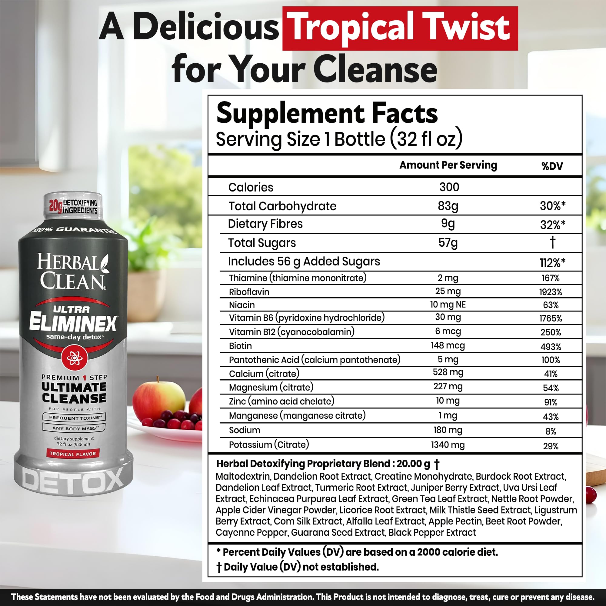Herbal Clean Same Day Ultra Eliminex Detox Cleanse Drink* (32 fl oz) - Tropical Fruit Flavor Full Body Cleanse Detox Drink with Milk Thistle Seed* for high Toxin*, Vitamin B12 for Men & Women