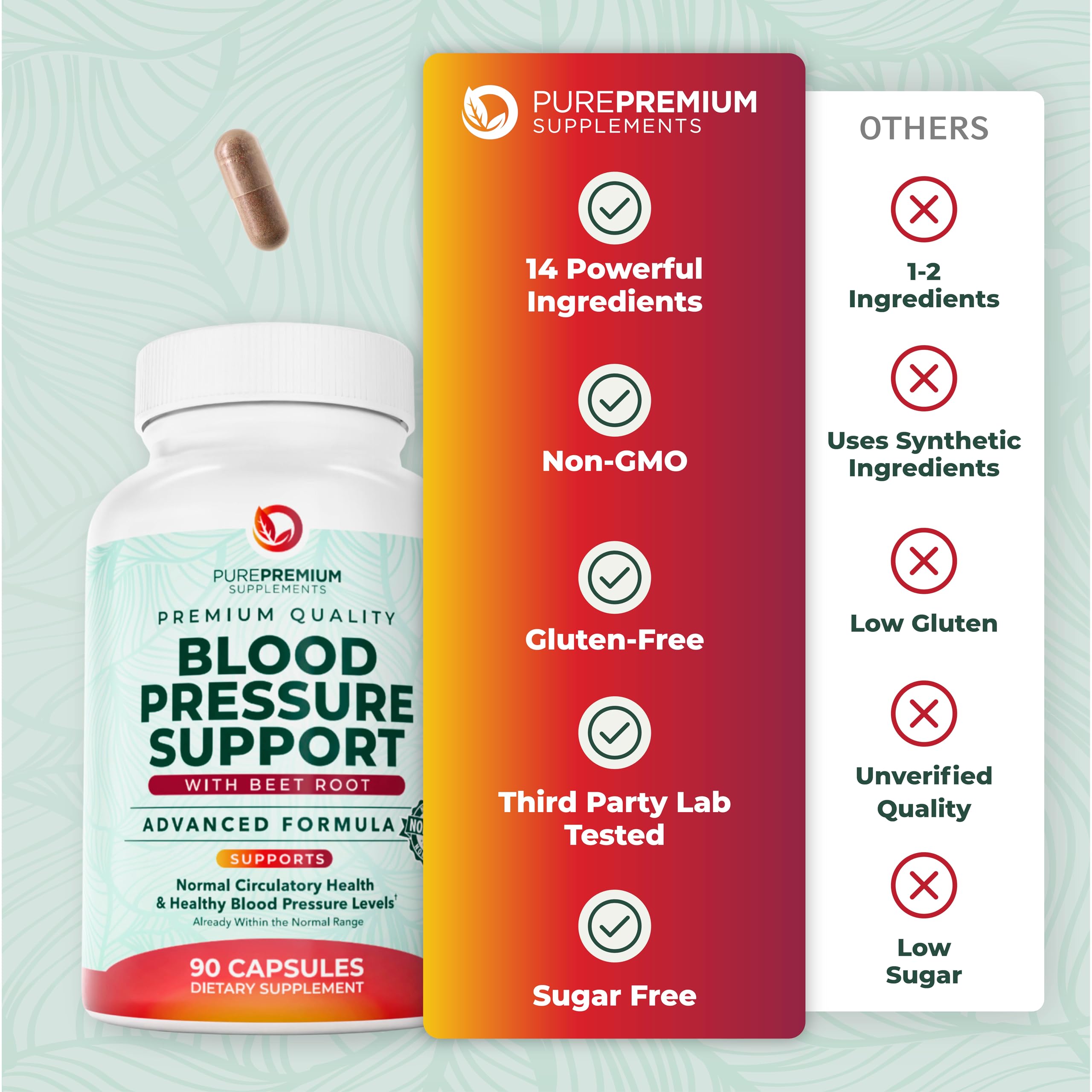 PurePremium Beet Root Capsules for Blood Pressure Support – 14-in-1 Formula with Beetroot Powder, Hawthorn, Hibiscus & Garlic for Normal