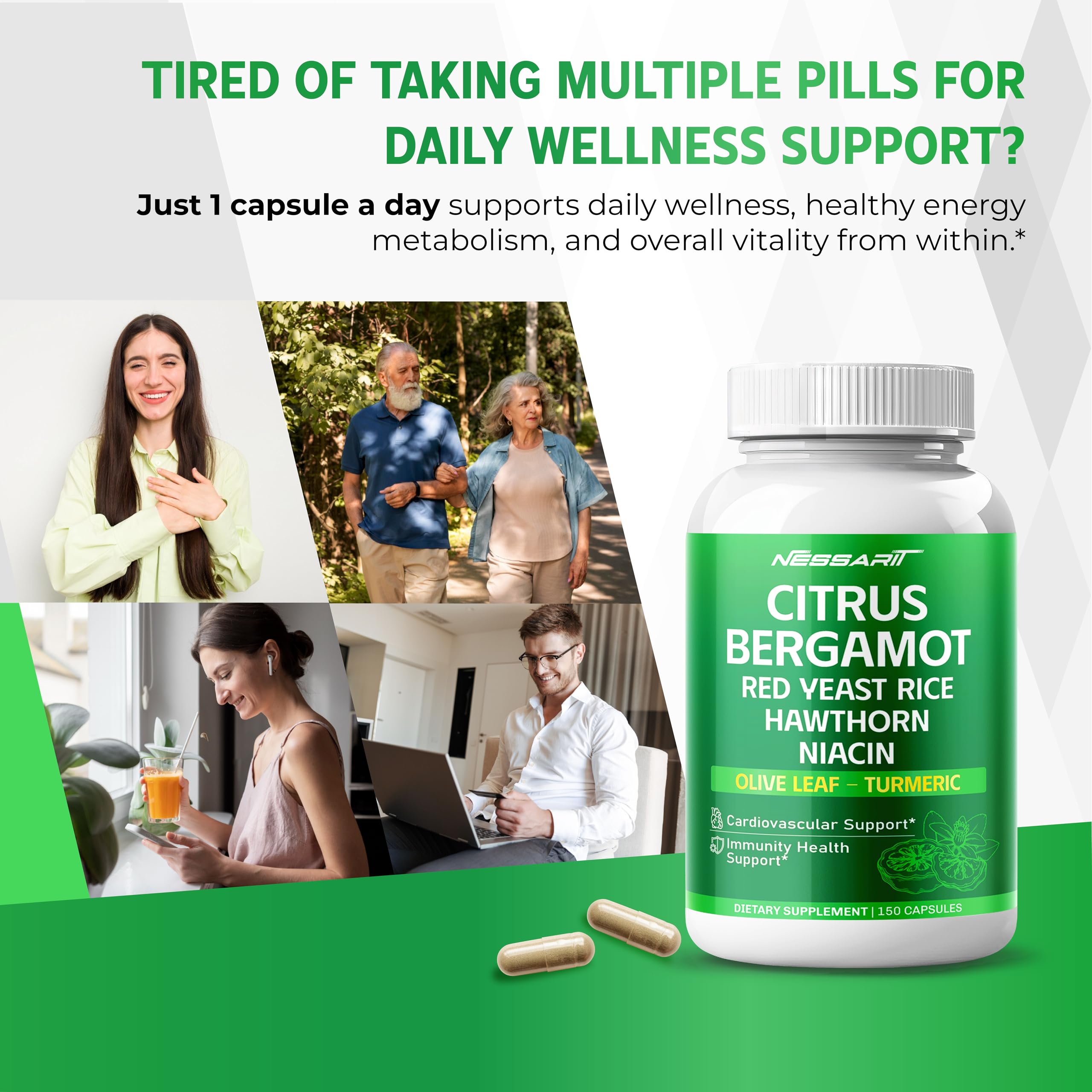 Citrus Bergamot Supplement - 15-in-1 Natural Blend with Red Yeast Rice Hawthorn Olive Leaf Odorless Garlic Turmeric Ginger Fenugreek - 150 Count