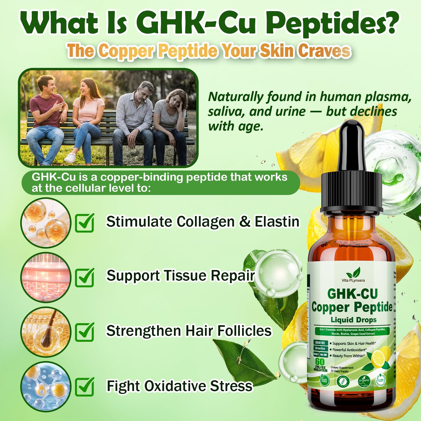 Vita PLynxera GHK-CU Peptide Supplement Liquid Drops, Premium 6-in-1 GHK CU Copper Peptides w. Marine Collagen Hyaluronic Acid Biotin for Anti-Aging, Skin Hair Growth Support, Oral Drops丨Women Men