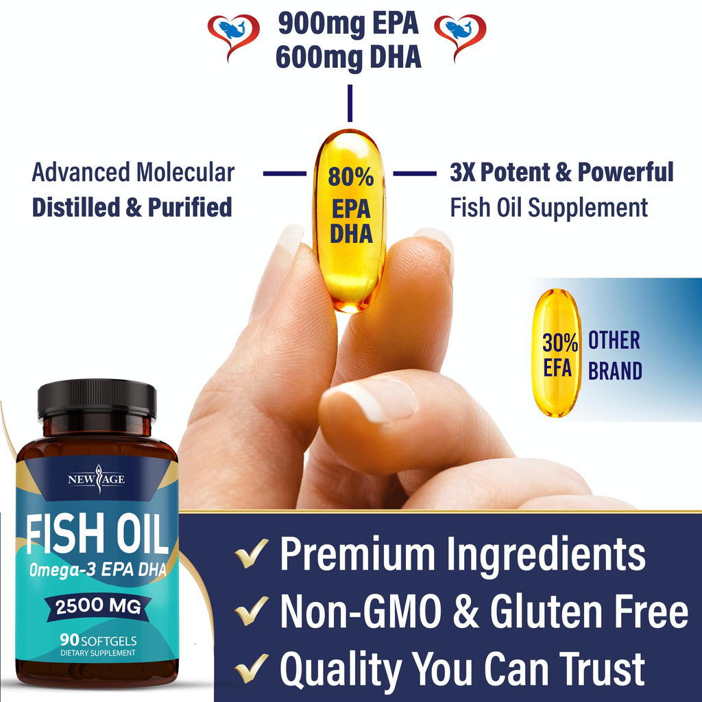 NEW AGE Omega 3 Fish Oil Supplement - Non GMO - EPA, DHA Fatty Acids Gluten Free (270 Softgels (Pack of 3))