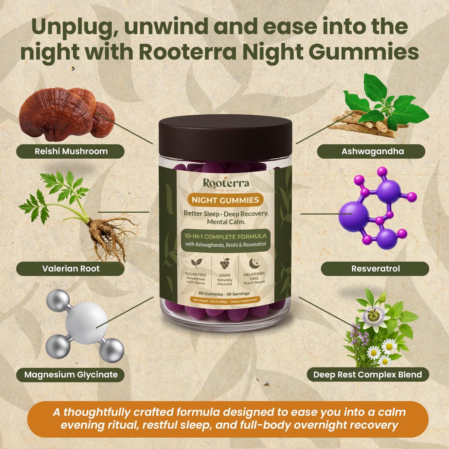 Night Gummies – Melatonin-Free, Reishi, Ashwagandha, Valerian, Magnesium, Resveratrol & Relaxing Botanicals – Supports Evening Calm
