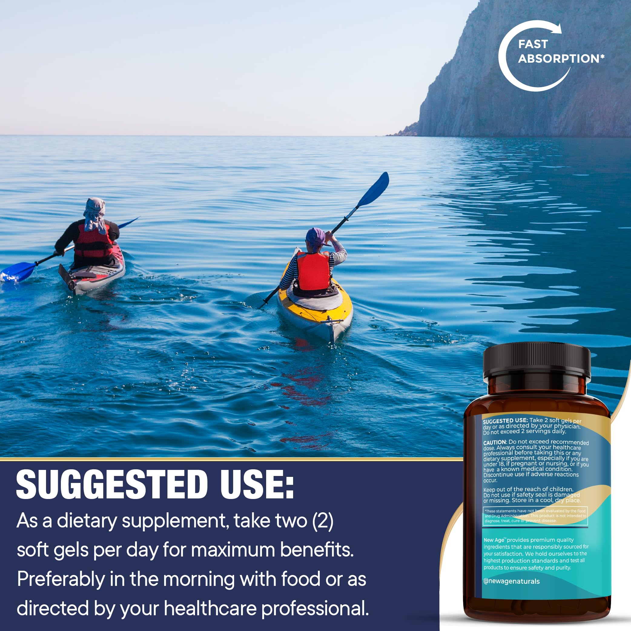 NEW AGE Omega 3 Fish Oil 2500mg Supplement Non GMO - EPA, DHA Fatty Acids Gluten Free (180 Softgels (Pack of 2))