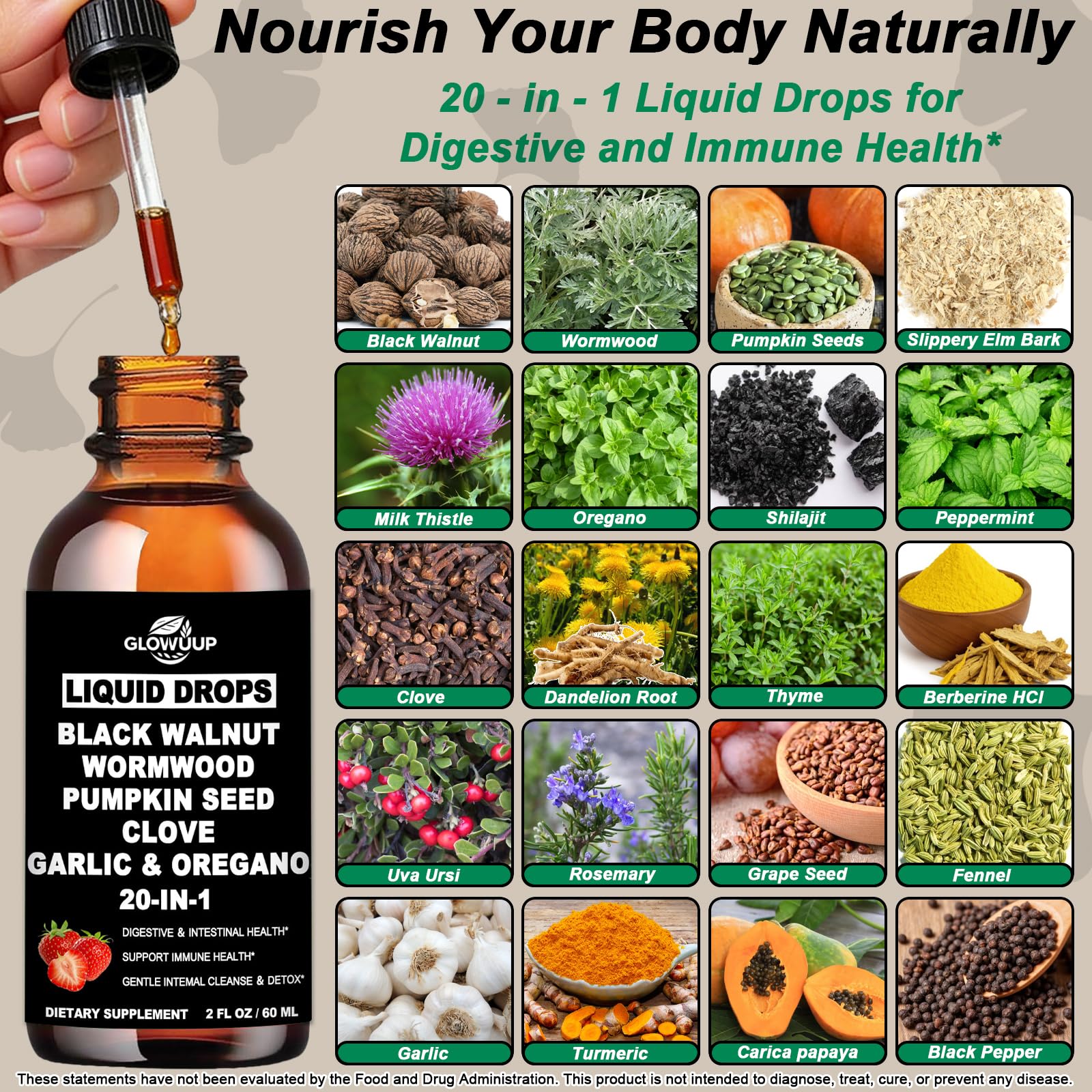 Wormwood Black Walnut Clove Cleanse for Humans Drops, Organic 20-in-1 Herbal Supplement w. Pumpkin Seeds Garlic Oregano Turmeric for Gut Cleanse & Digestive Detox,