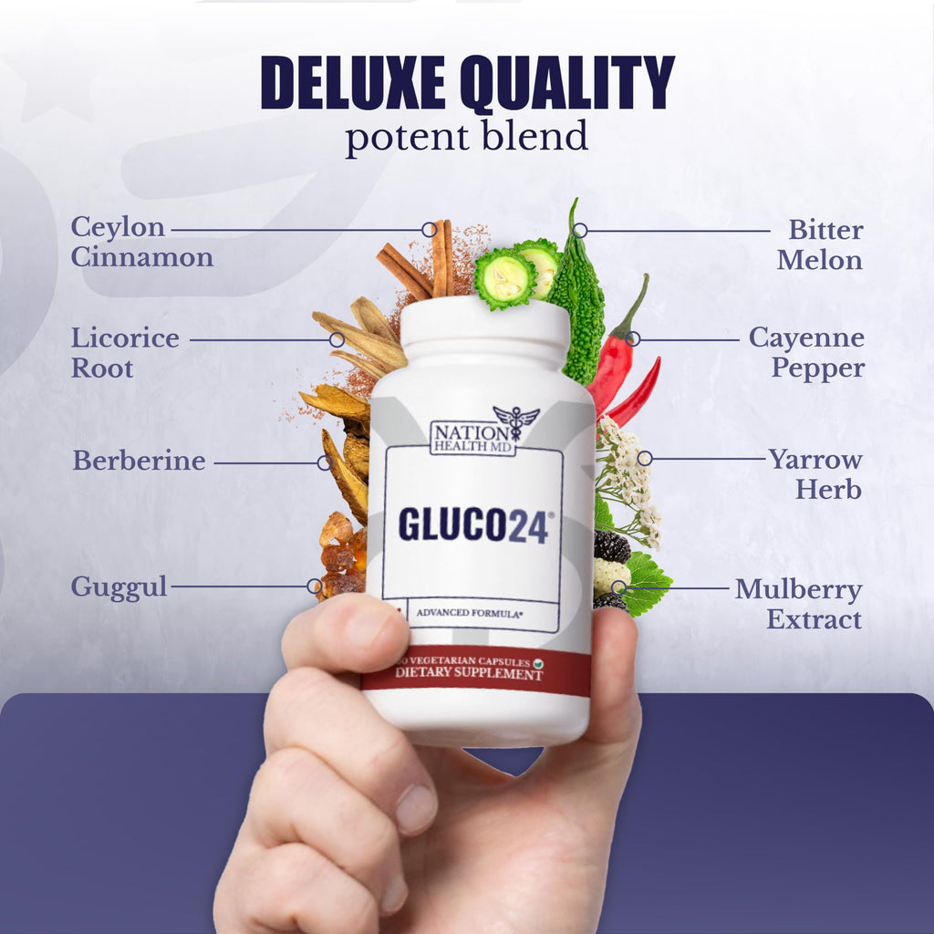 NATION HEALTH MD Gluco24 Advanced Formula - Dietary Supplement with Ceylon Cinnamon Bark Extract, Berberine HCI, Magnesium & Zinc - 60 Capsules NATION HEALTH MDBuy Supplements Australia