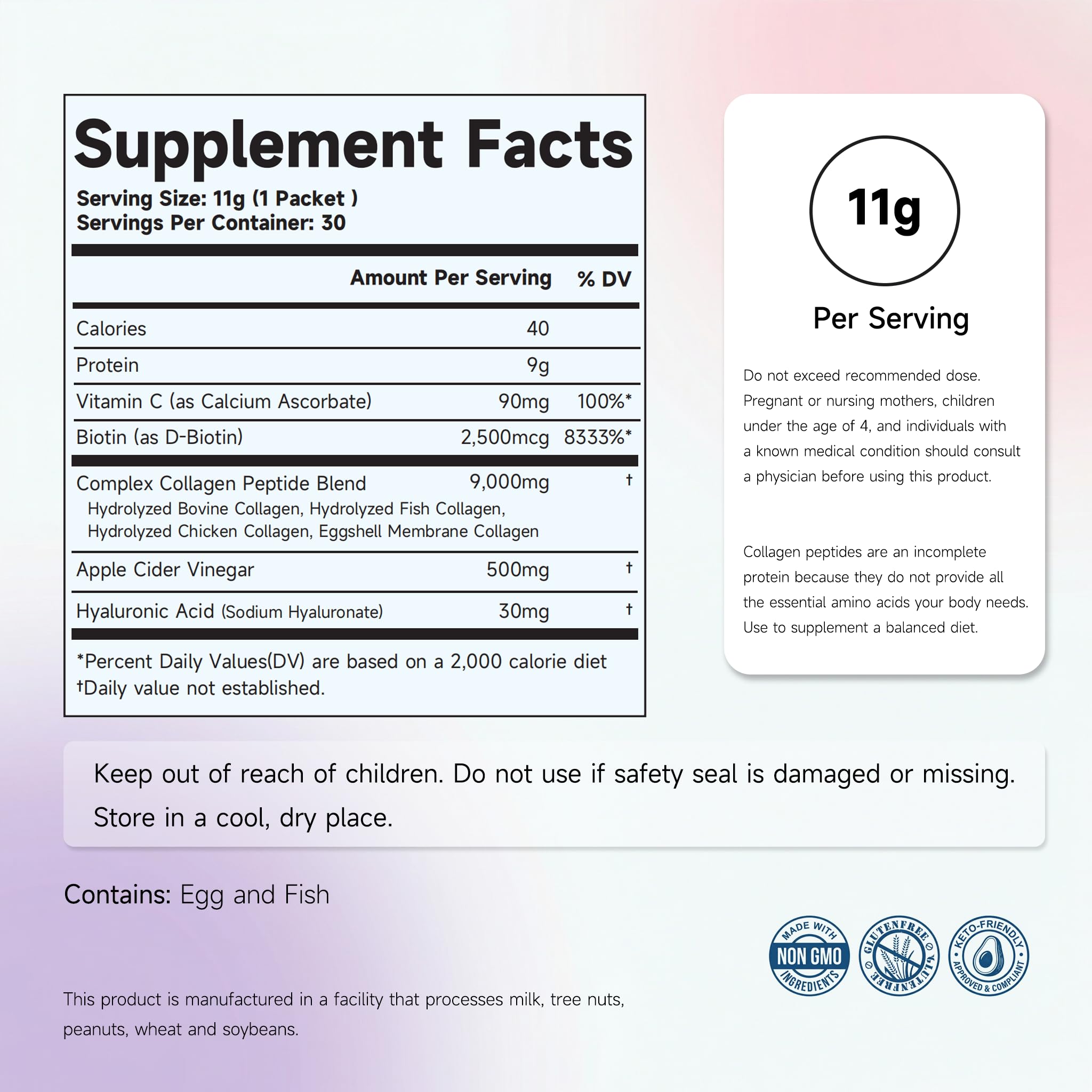 PURENUTRI Multi Collagen Peptides Powder 30 Packets Unflavored - Collagen Complete+ for Women - Beauty & Renewal - with ACV, Hyaluronic Acid