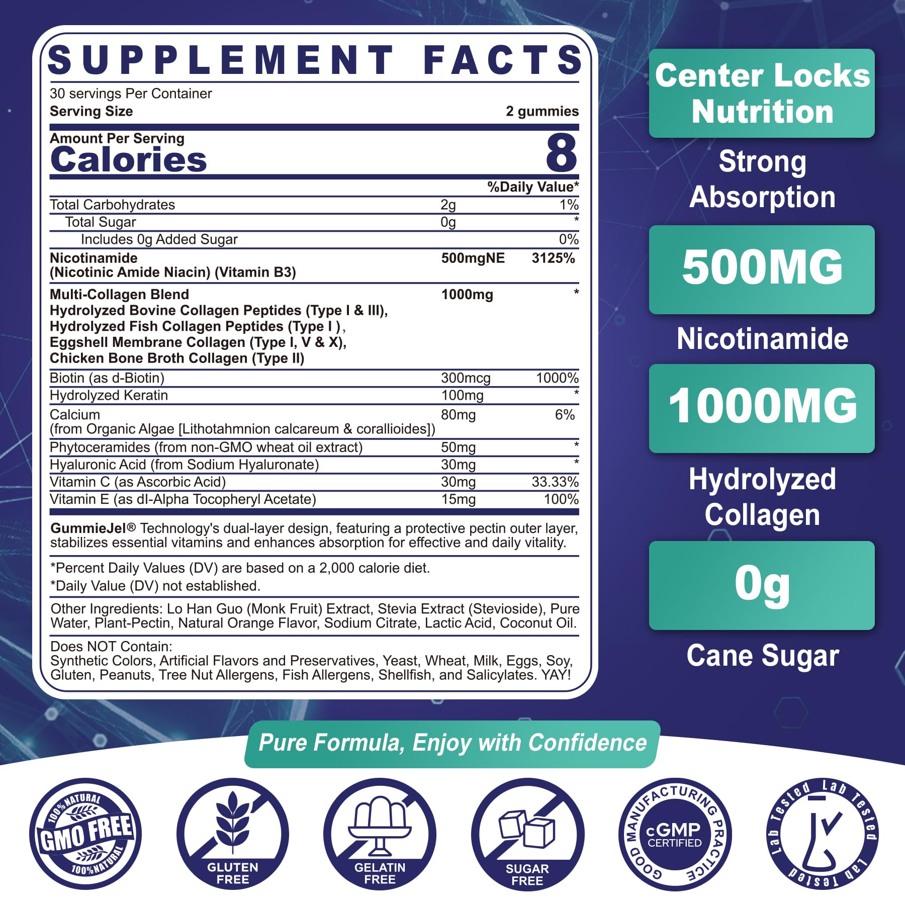 NEVISS Nicotinamide 500mg Gummies, Niacinamide Supplement with Collagen Peptides, (Flush Free Niacin) Vitamin B3 Niacinamide for Anti-Aging, NAD+ Levels,