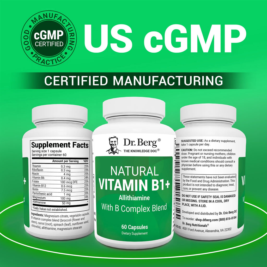Dr. Berg Natural Vitamin B1 B6 B12 Complex - Allithiamine Vitamin B1 Supplement with 8 Essential Vitamin B Complex for Men & Women Including Thiamin