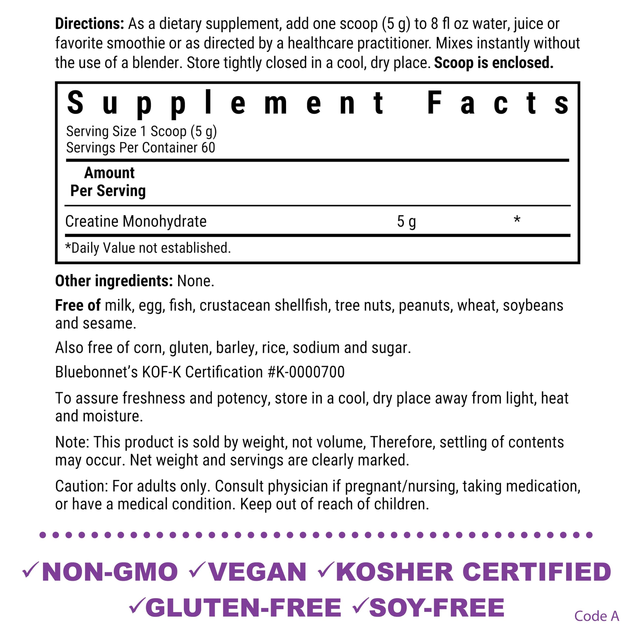 BlueBonnet Nutrition Micronized Creatine Monohydrate 5 g – Supports Lean Muscle Mass* - Non-GMO, Vegan, Kosher Certified, Gluten-Free, Soy-Free, Milk-Free