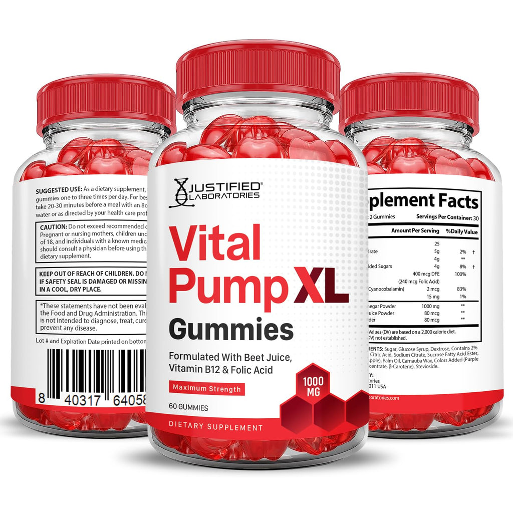 Justified Laboratories (3 Pack) Vital Pump XL Performance Gummies 1000MG Advanced Formula Vital PumpXL Formulated with Beet Juice ACV Pomegranate Beet Powder B12 Vegan Non GMO 180 Gummys Justified LaboratoriesBuy Supplements Australia